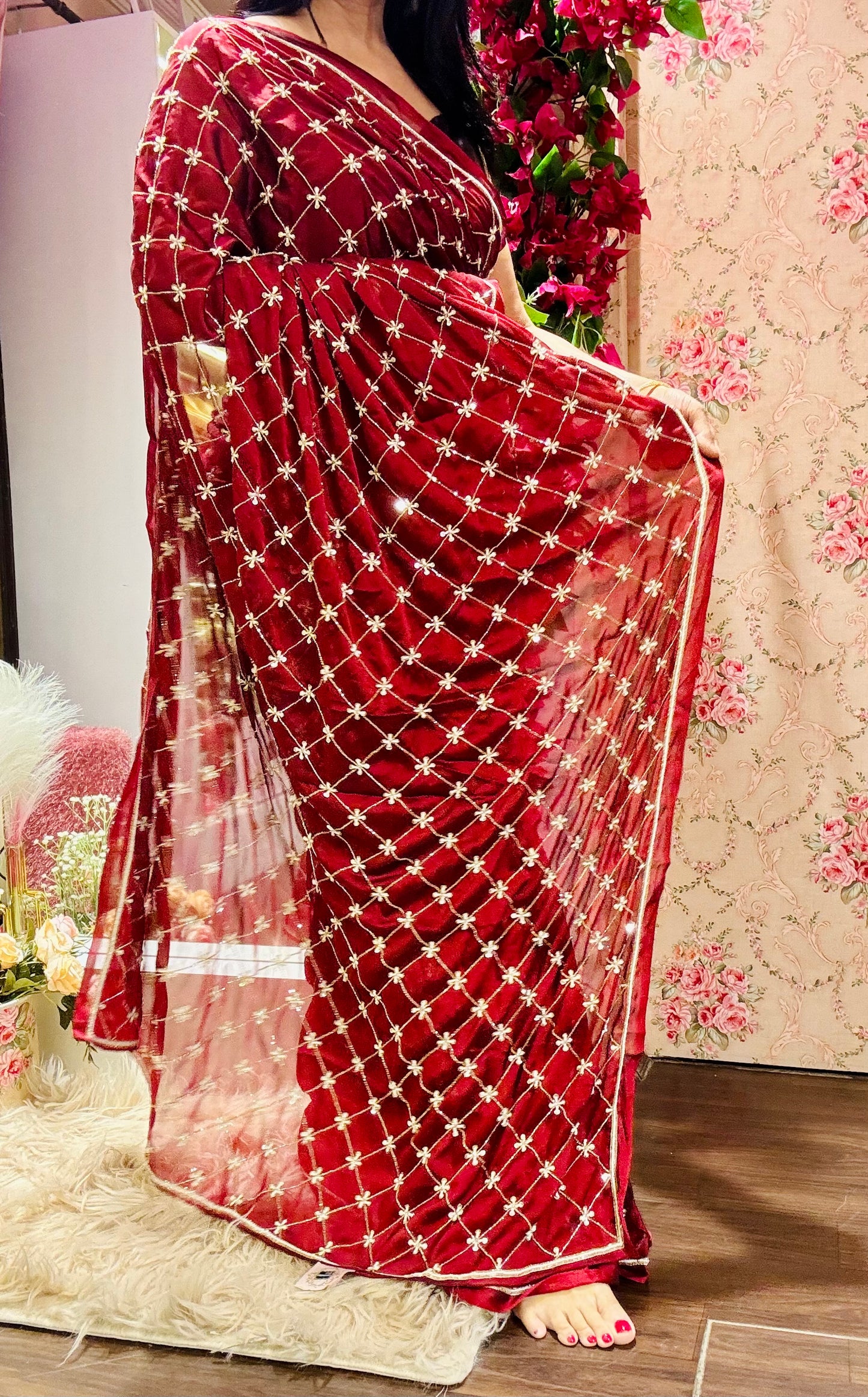 Maroon Georgette Cutdana Jaal Saree - kreationbykj
