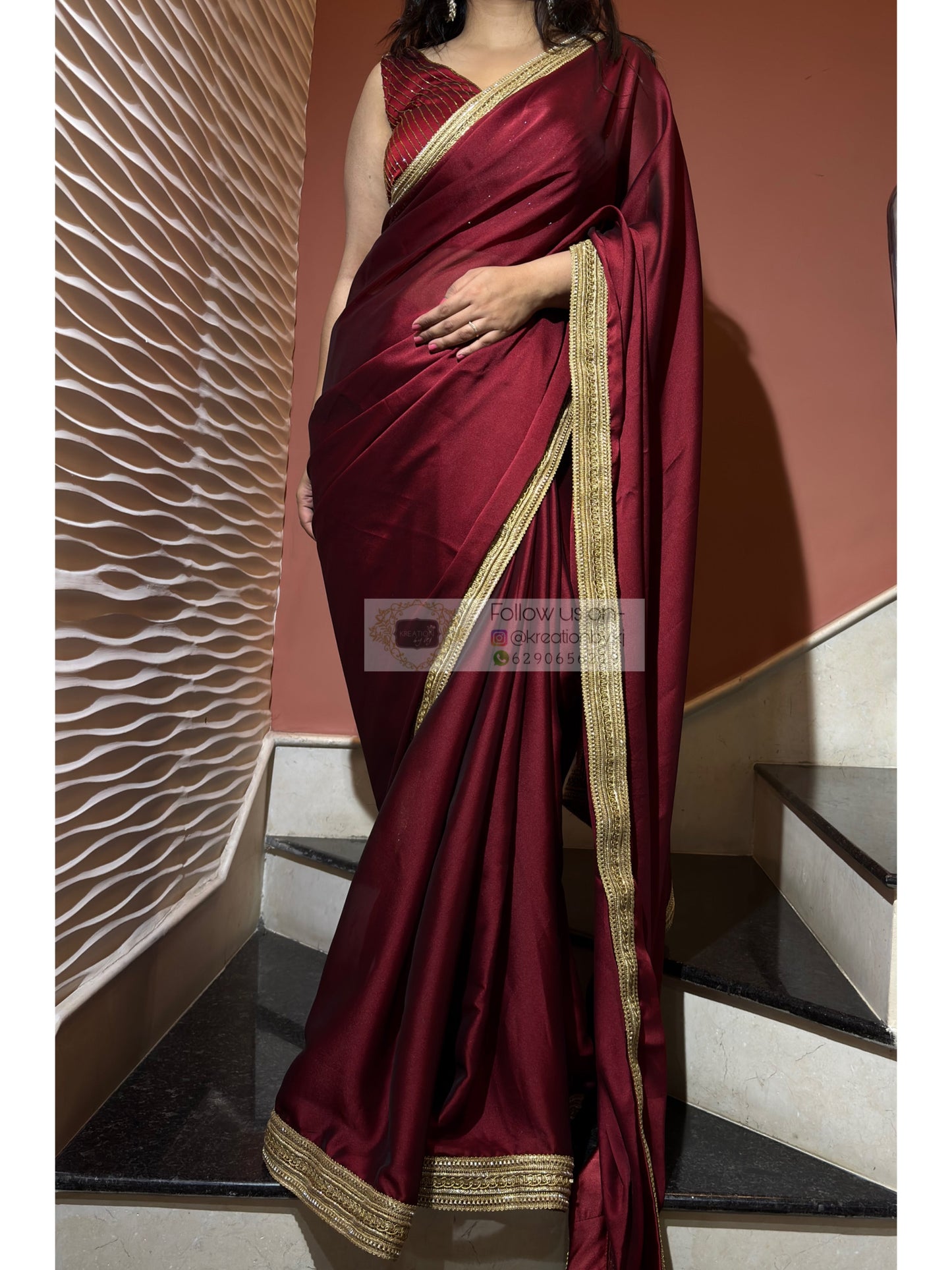 Maroon georgette Saree with Golden Border kreationbykj