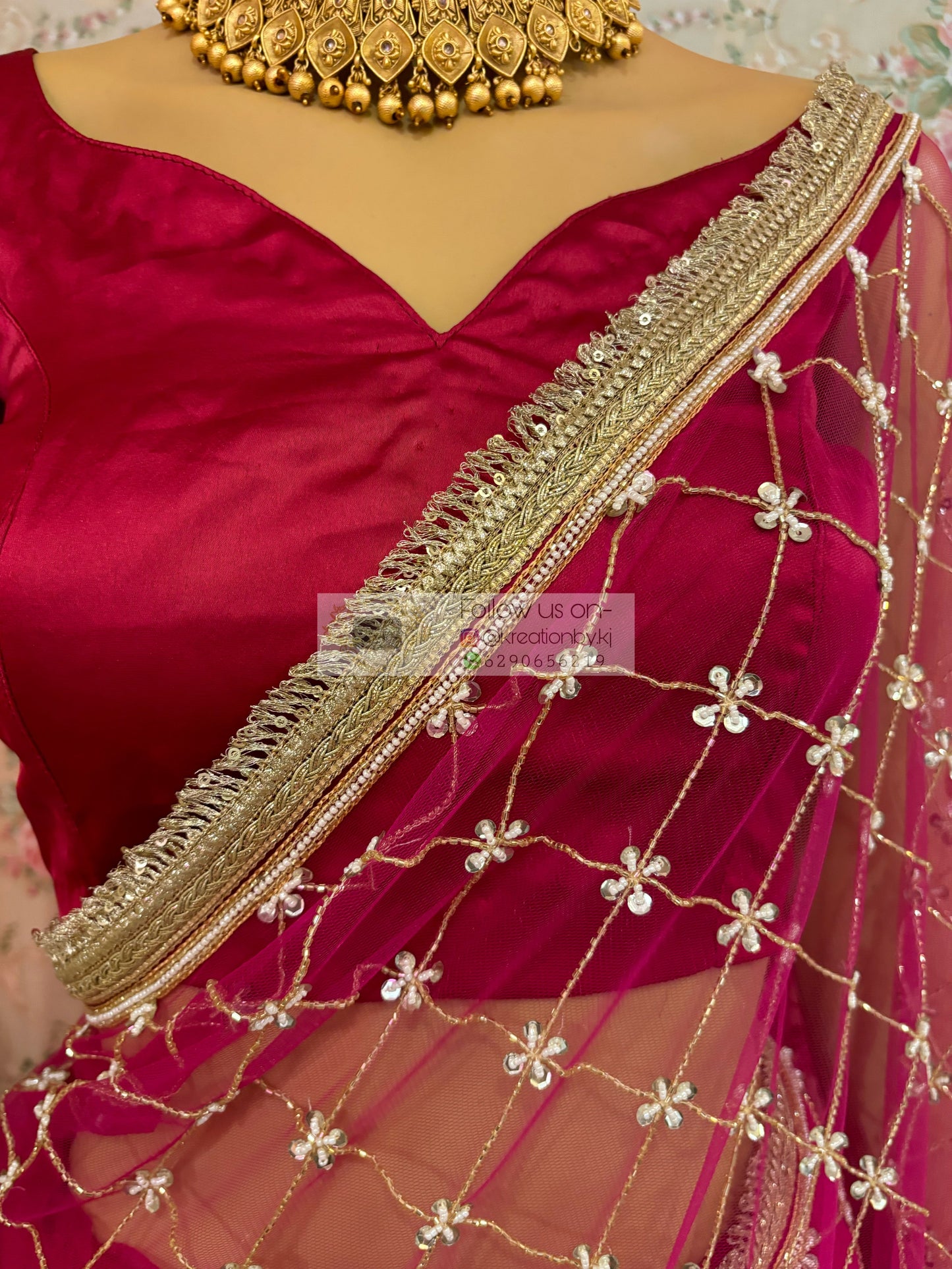 Hot Pink Cutdana Jaal Net Saree kreationbykj