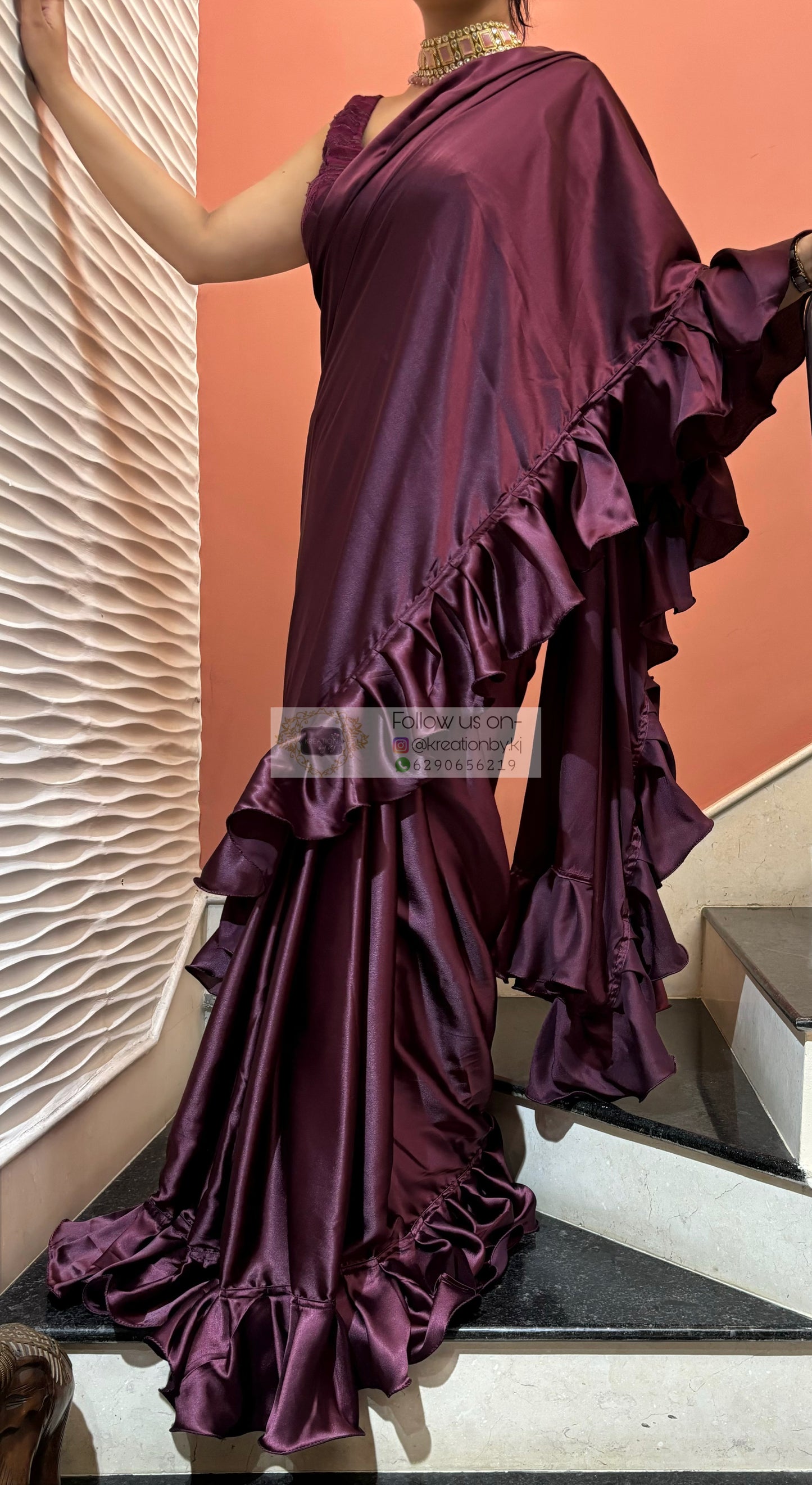 Dark Eggplant Wine Satin Silk Ruffle Saree