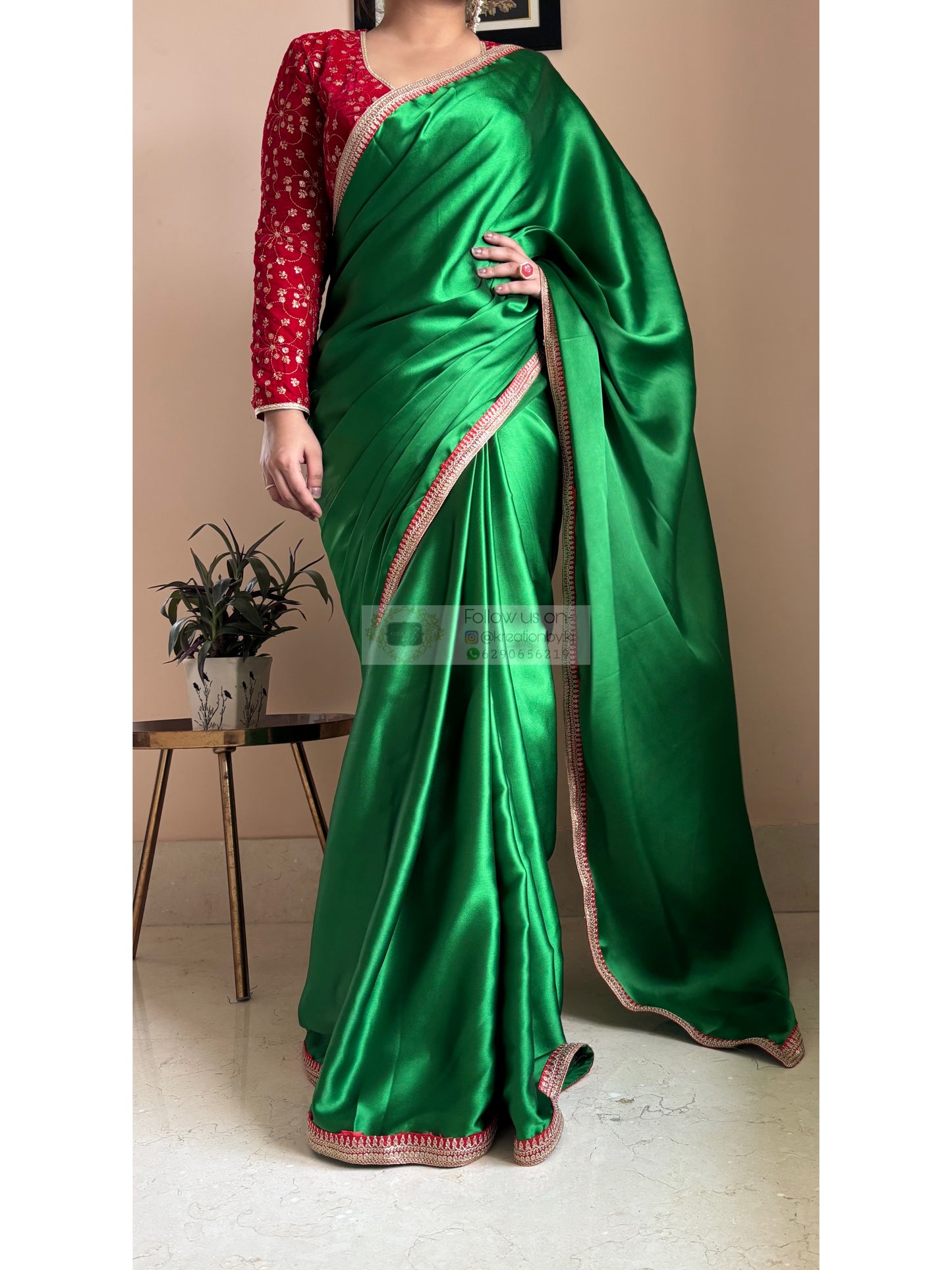 Green Satin Silk Saree with Red Border - kreationbykj
