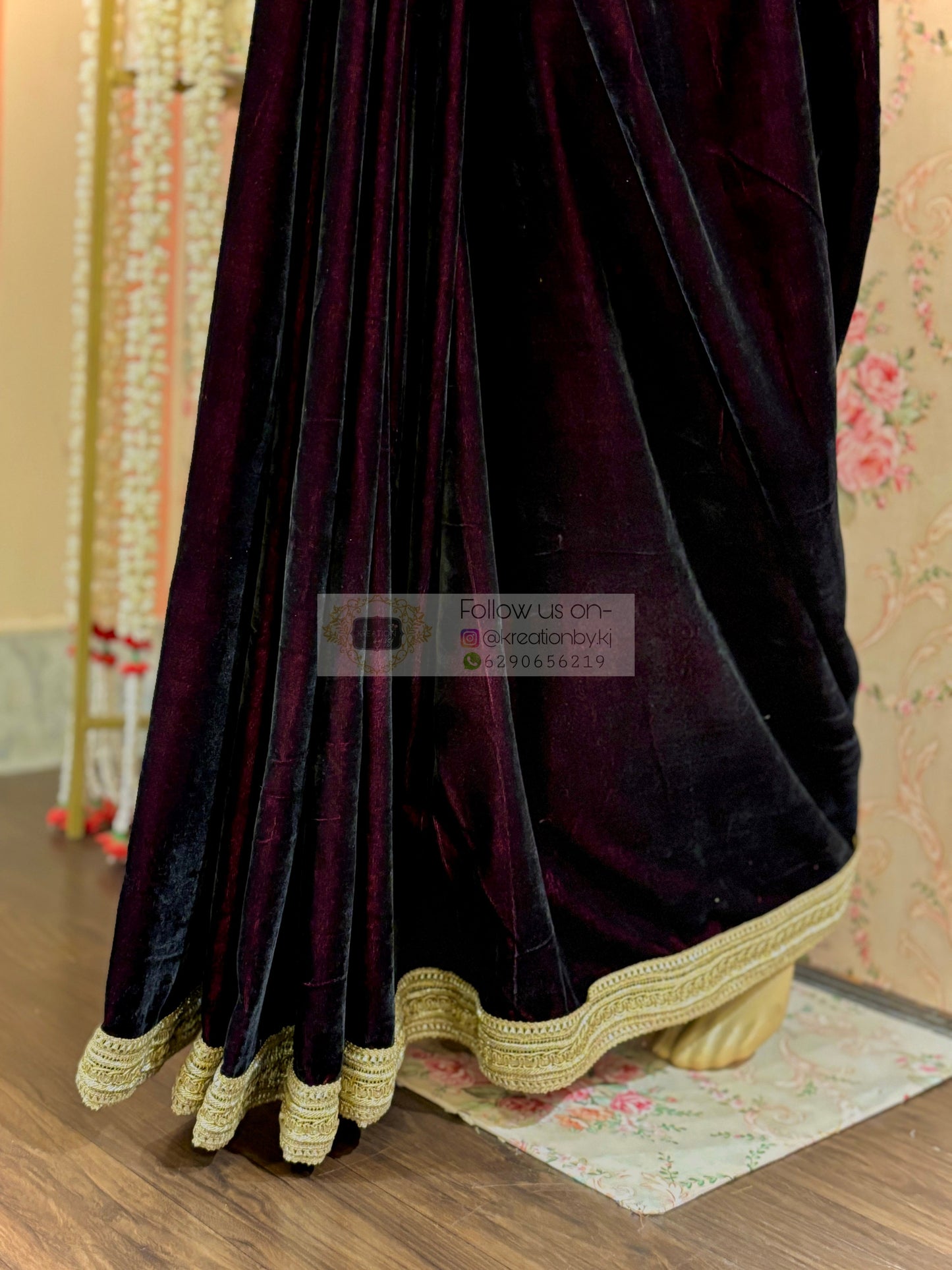 Dark Wine Velvet Saree with Golden Border kreationbykj