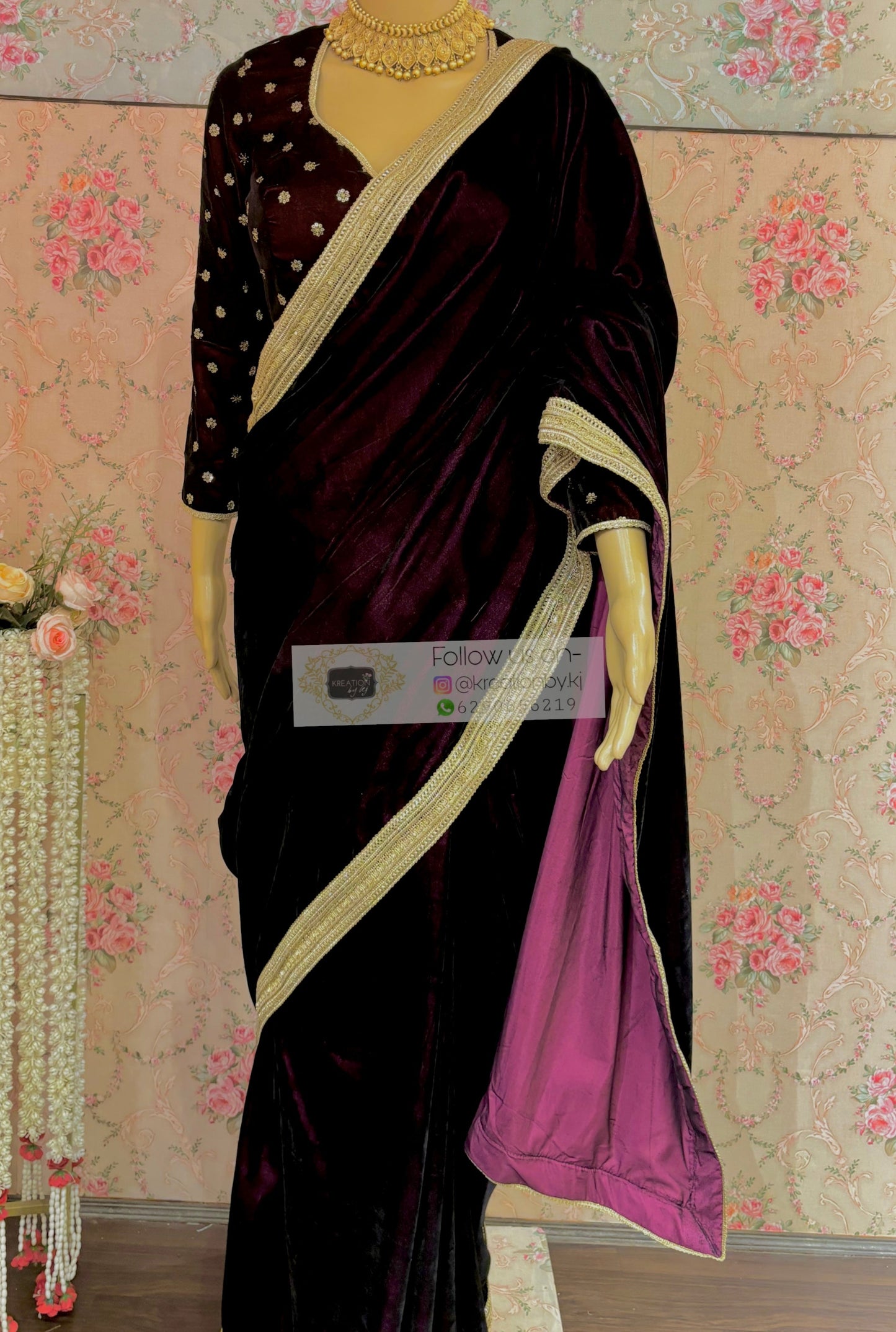 Dark Wine Velvet Saree with Golden Border kreationbykj