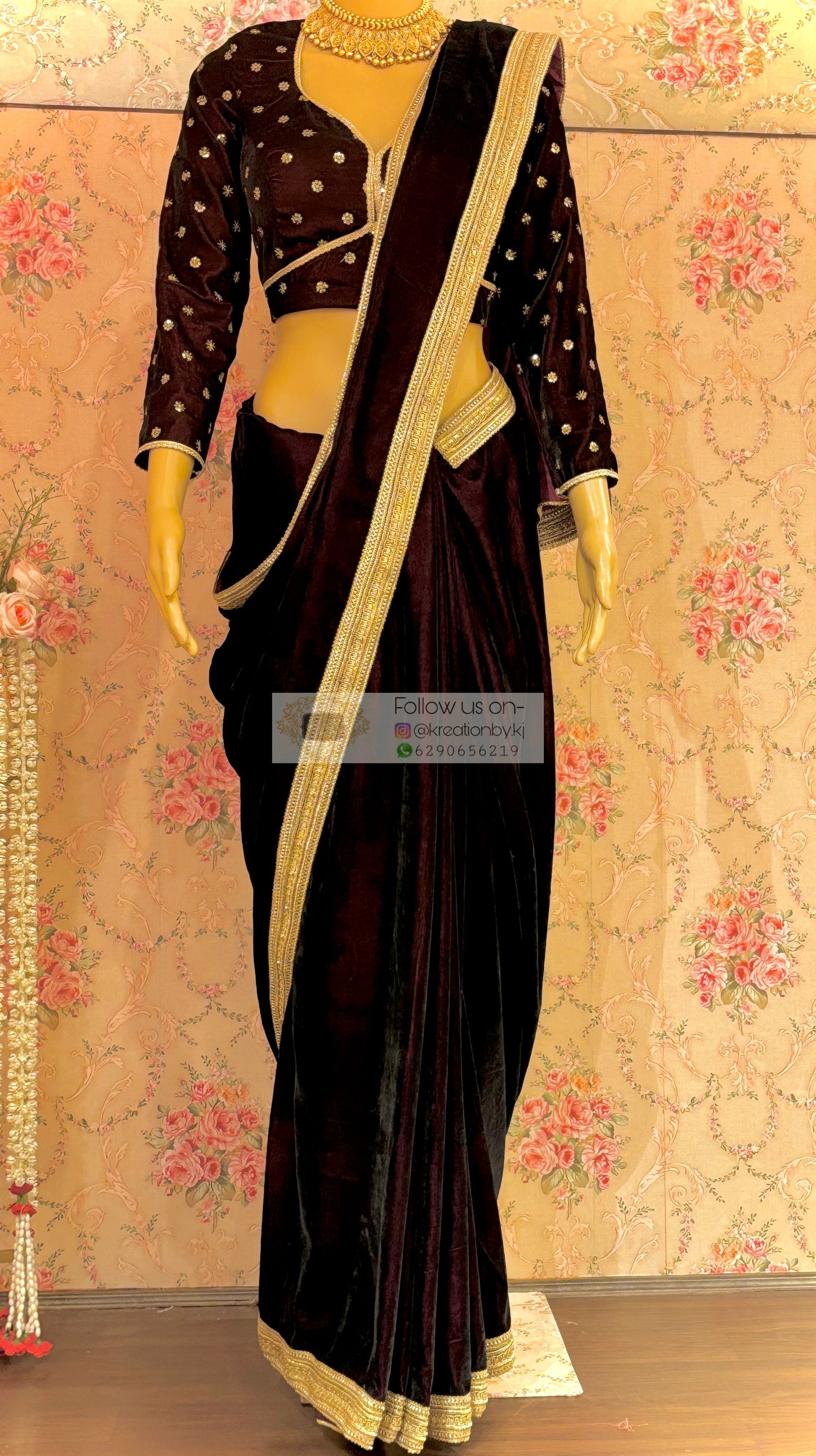 Dark Wine Velvet Saree with Golden Border kreationbykj