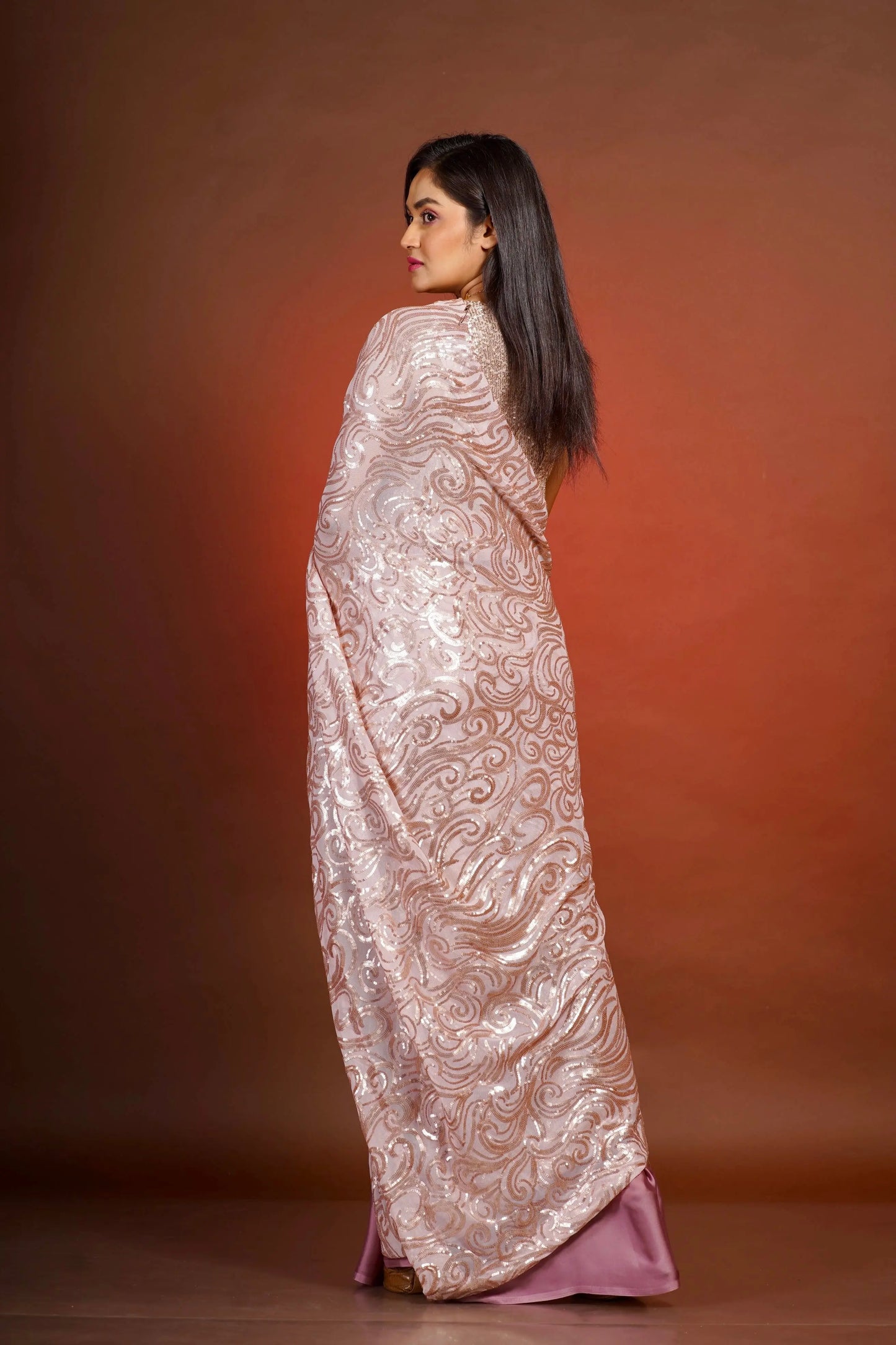 Misty Pink Sequin Partywear Half Saree kreationbykj