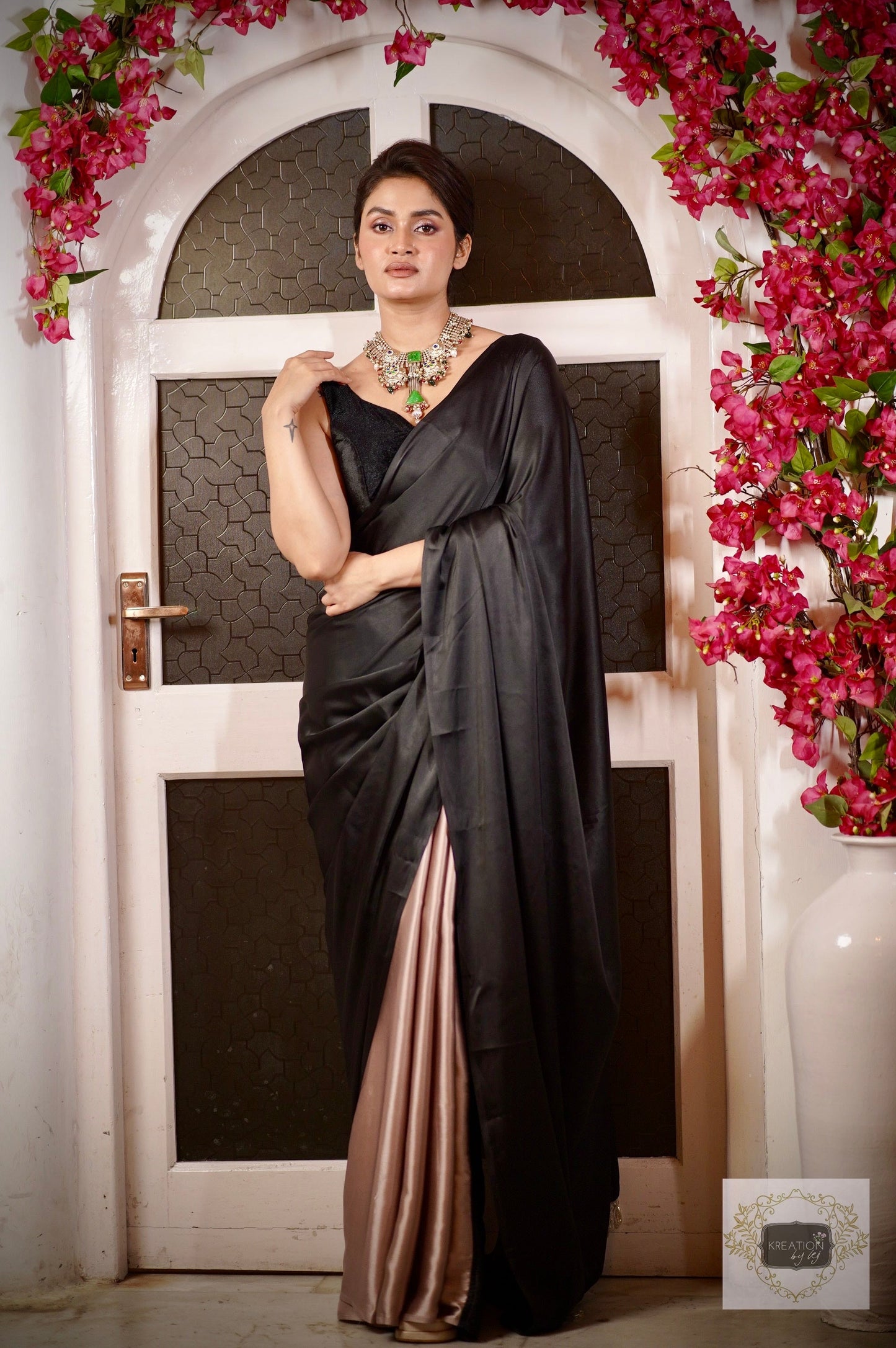 Twilight Satin Silk Cocktail Saree with handmade tassels on pallu kreationbykj.in