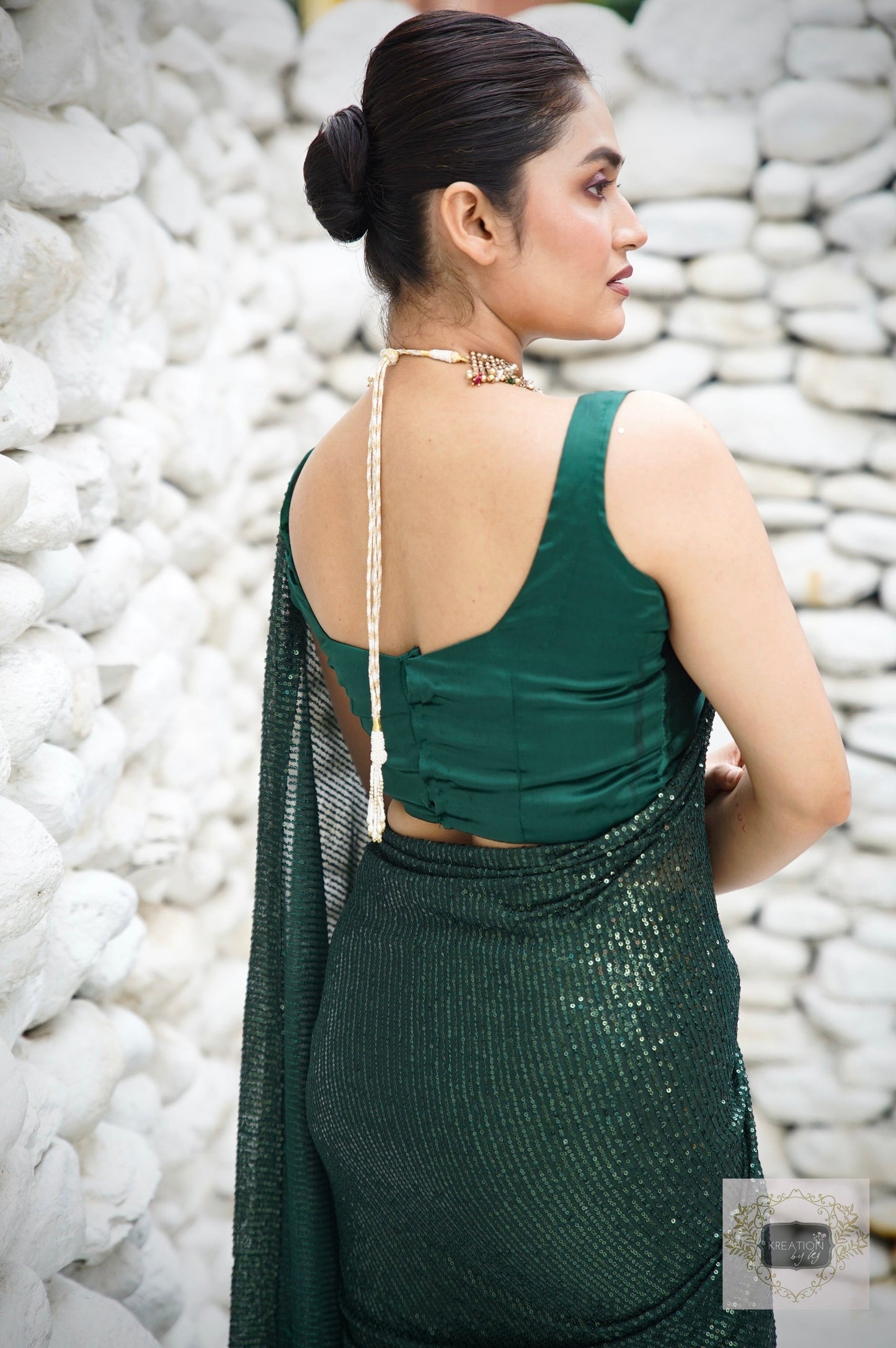 Green Sequin Cocktail Saree kreationbykj
