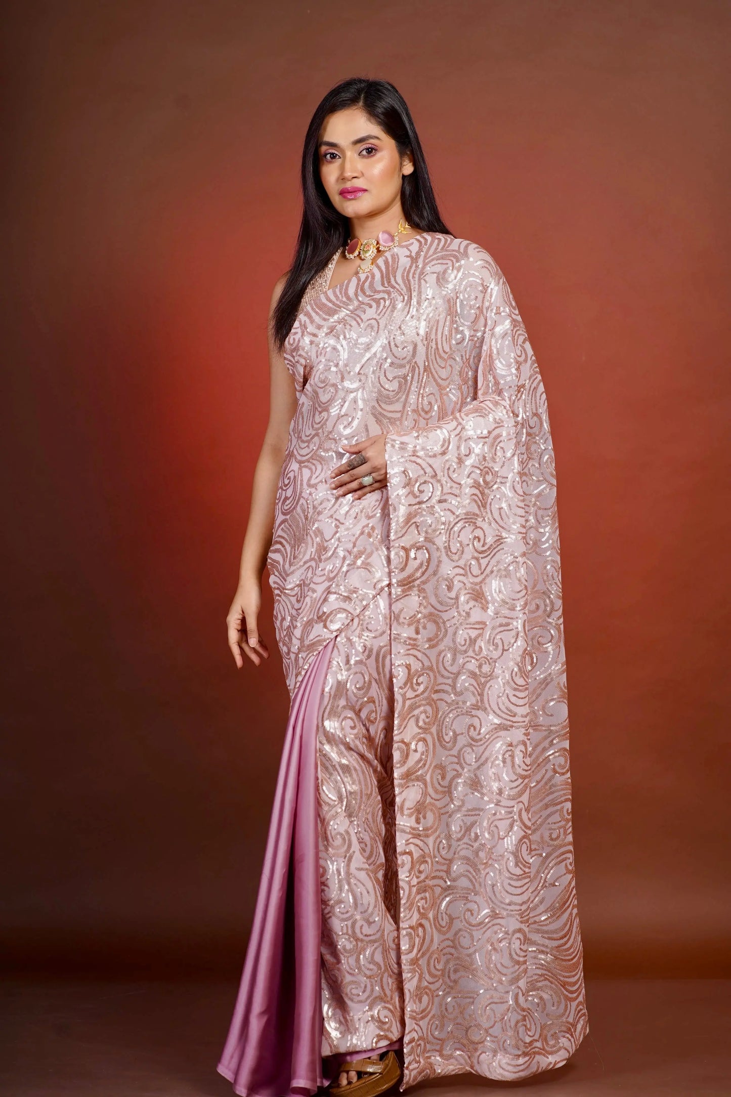 Misty Pink Sequin Partywear Half Saree kreationbykj
