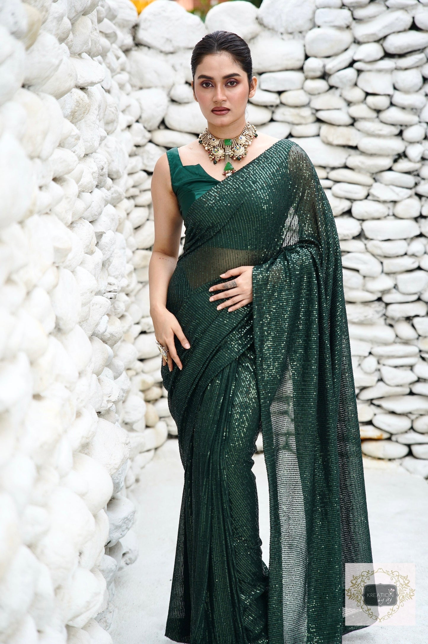 Green Sequin Cocktail Saree kreationbykj