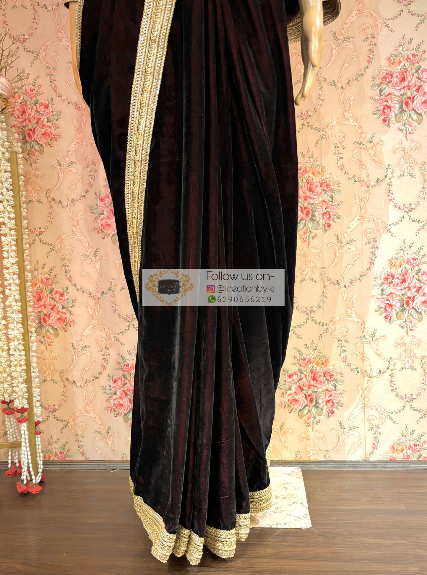 Dark Wine Velvet Saree with Golden Border kreationbykj