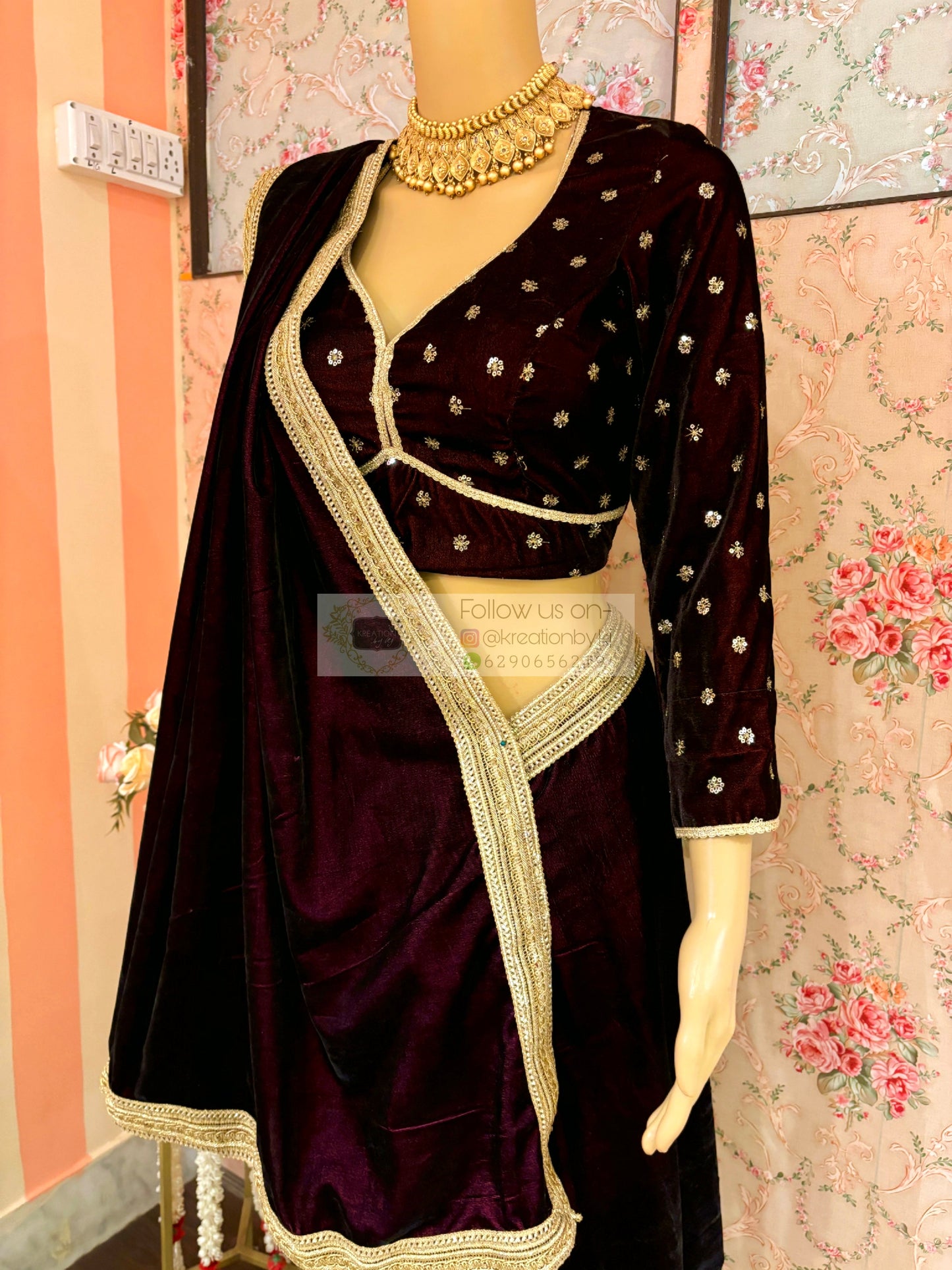 Dark Wine Velvet Saree with Golden Border kreationbykj