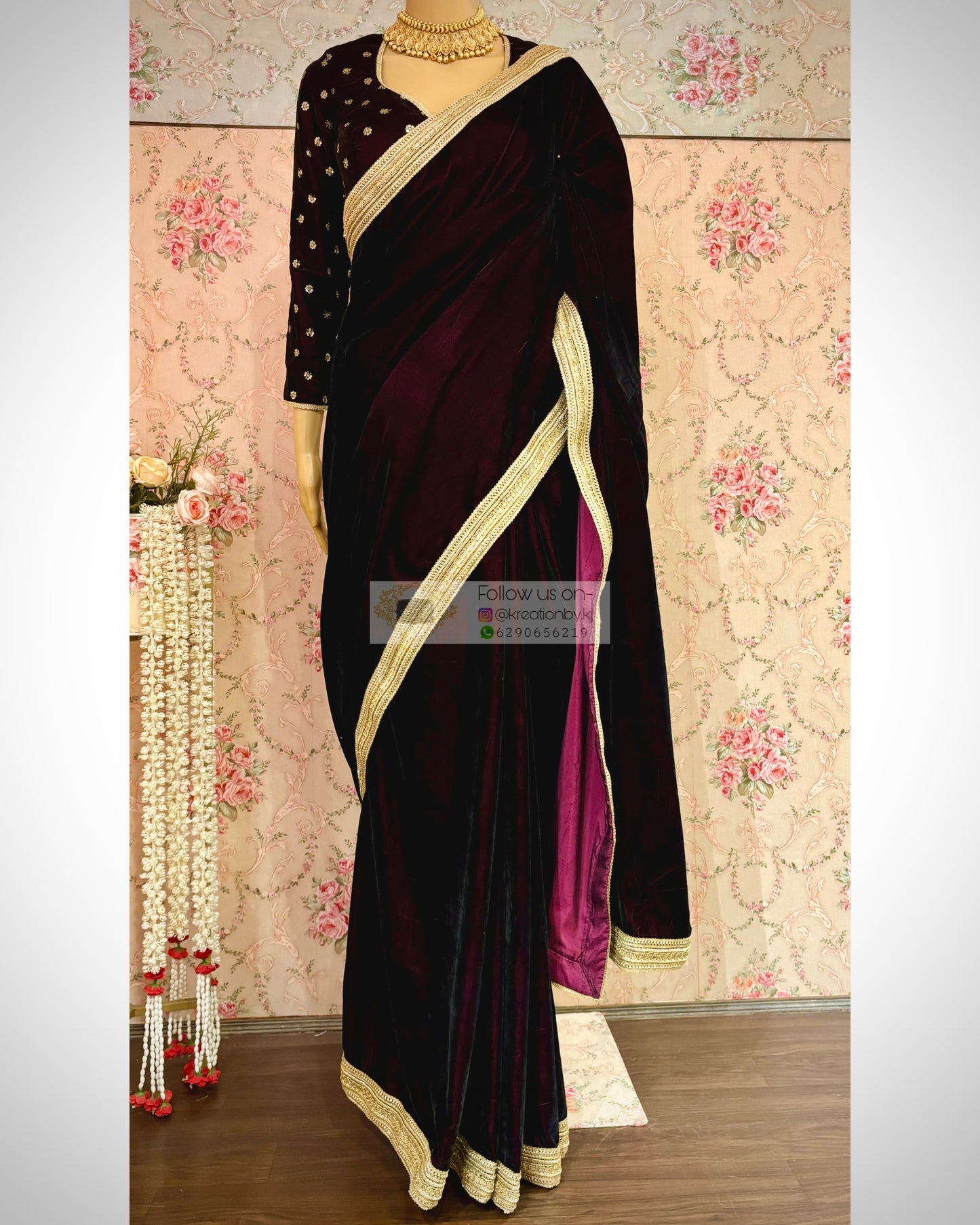 Dark Wine Velvet Saree with Golden Border kreationbykj