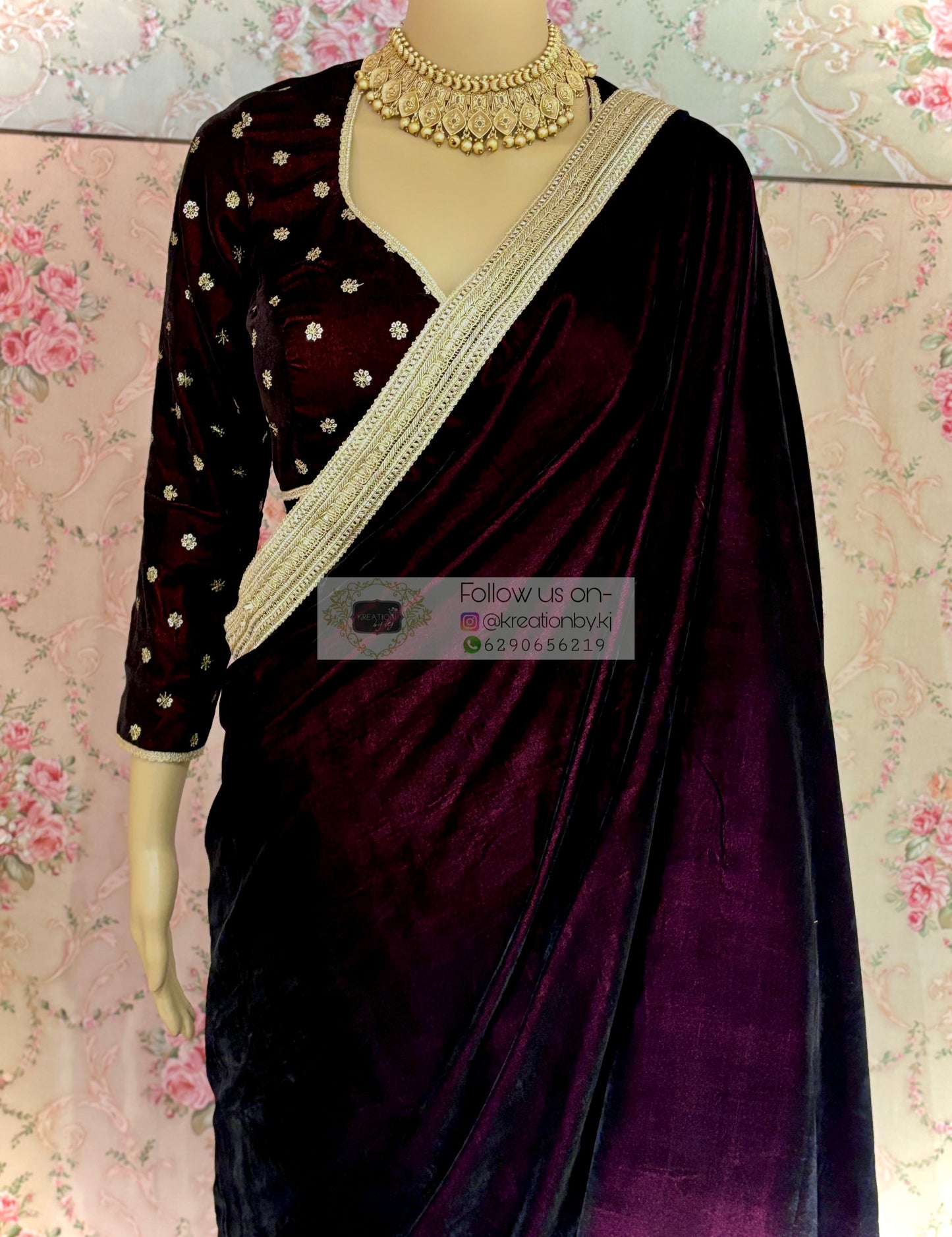 Dark Wine Velvet Saree with Golden Border kreationbykj