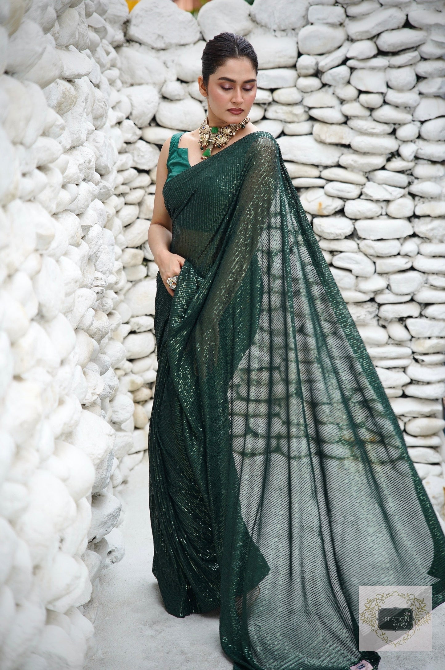 Green Sequin Cocktail Saree kreationbykj