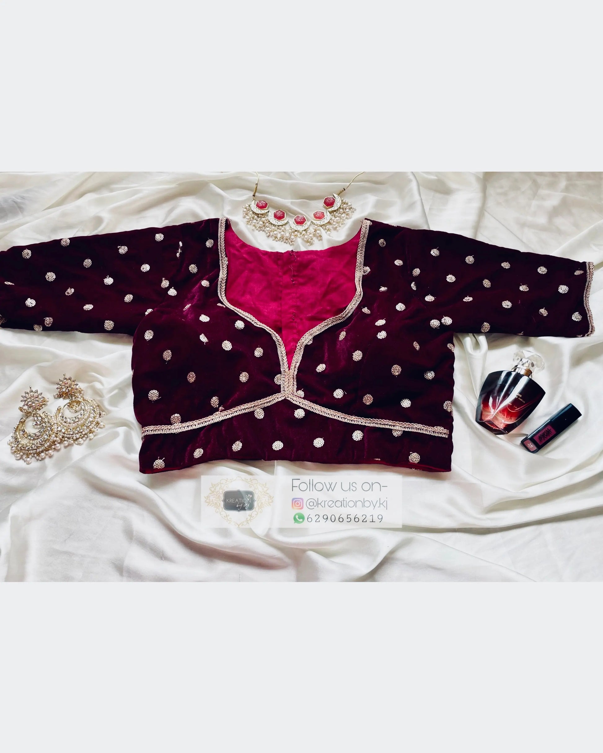 Plum Velvet Deep Neck Blouse kreationbykj