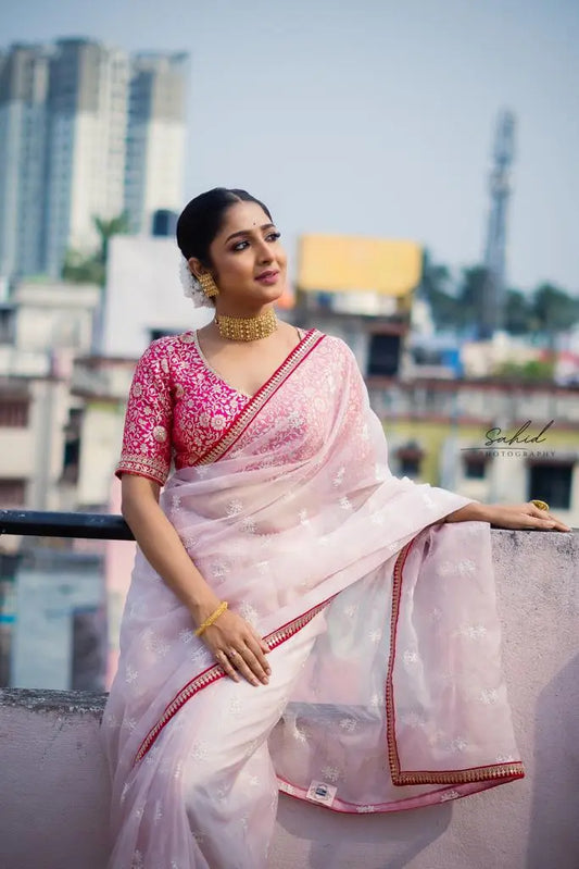 Blush Pink Organza Saree with Rani Pink Border kreationbykj