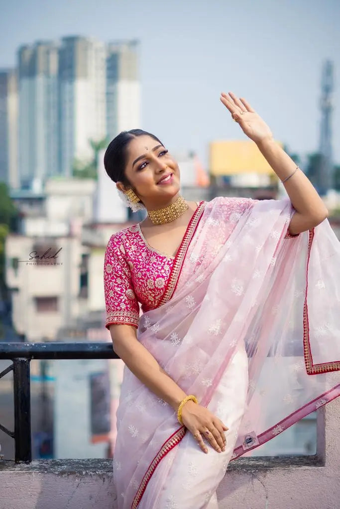 Blush Pink Organza Saree with Rani Pink Border kreationbykj