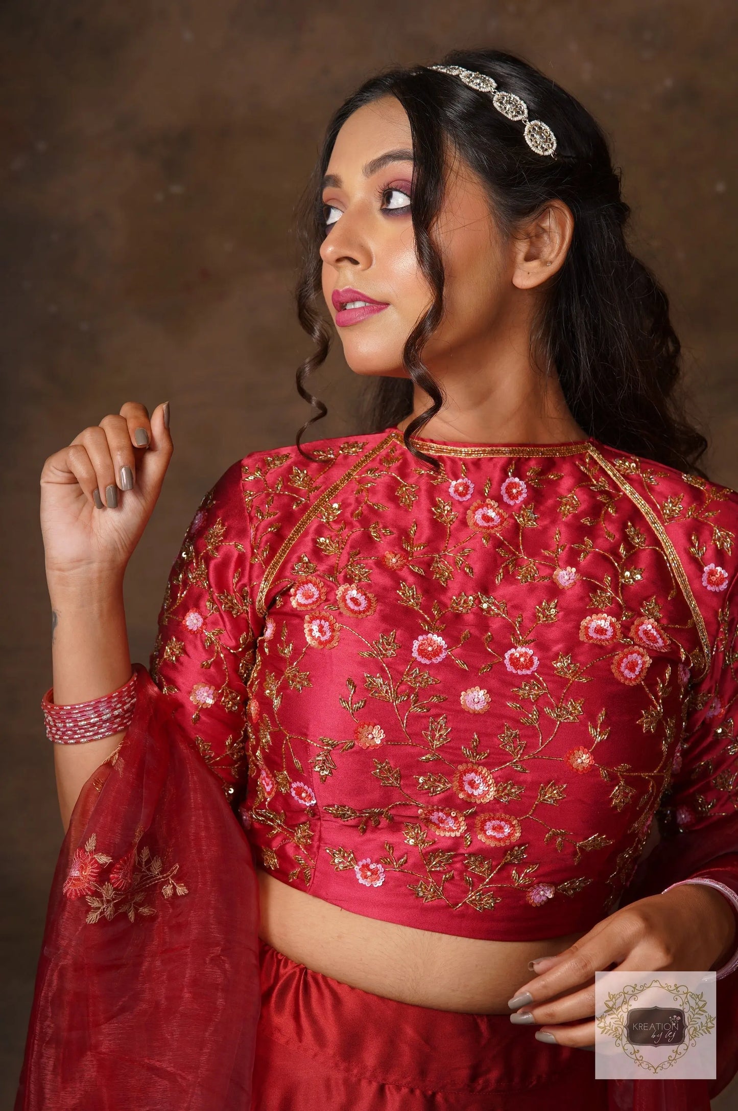 Maroon Rose Designer Blouse Piece kreationbykj