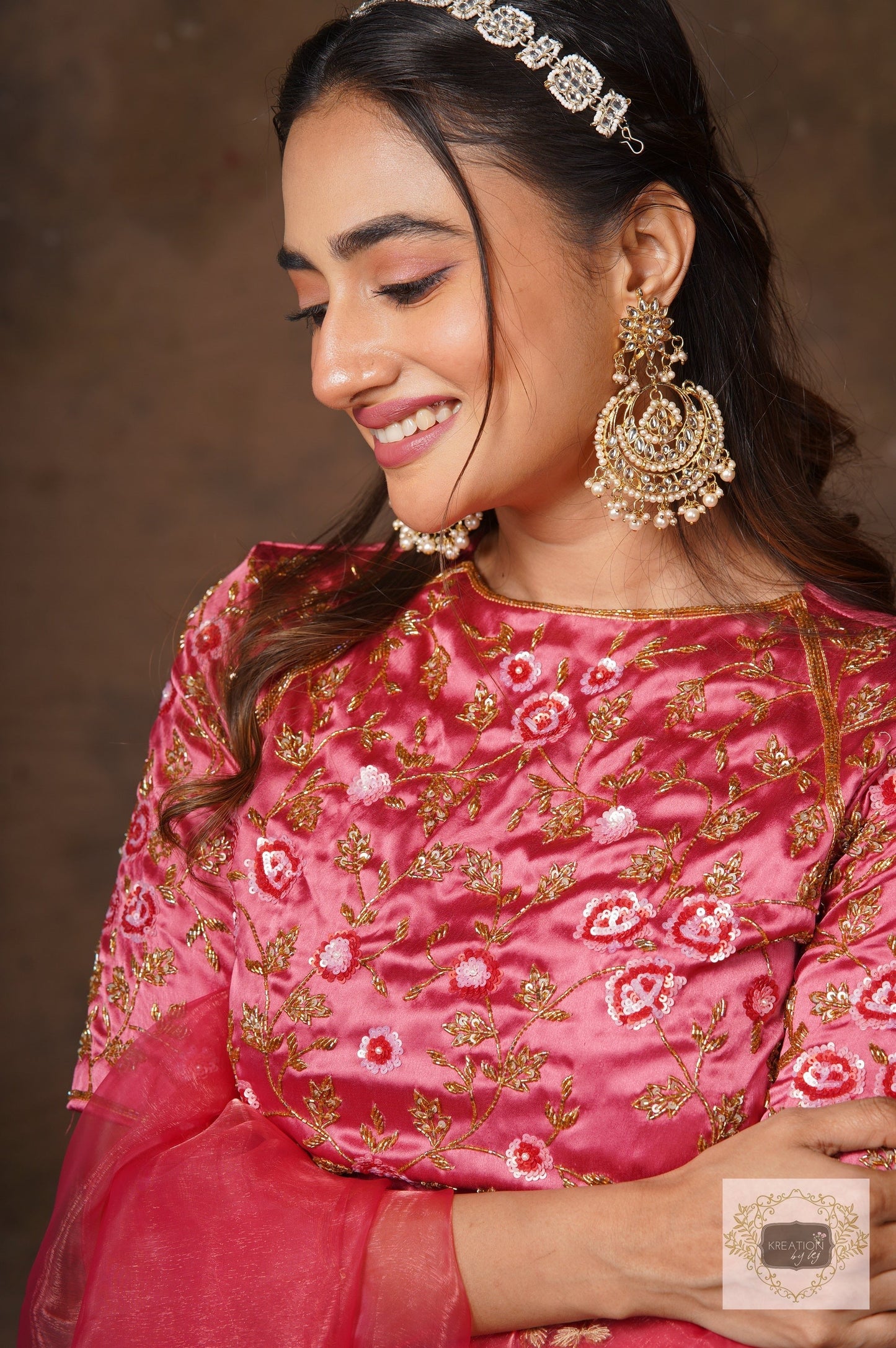 Rose Pink Floral design Blouse Piece with Heavy Embroidery kreationbykj