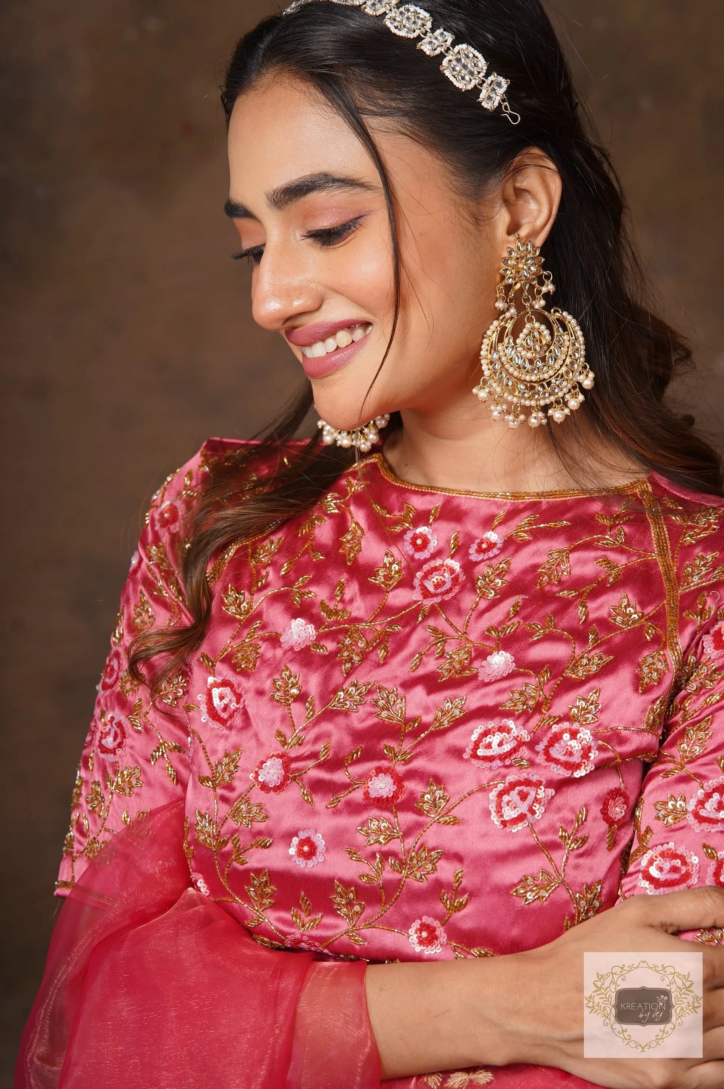 Rose Pink Floral design Blouse Piece with Heavy Embroidery kreationbykj