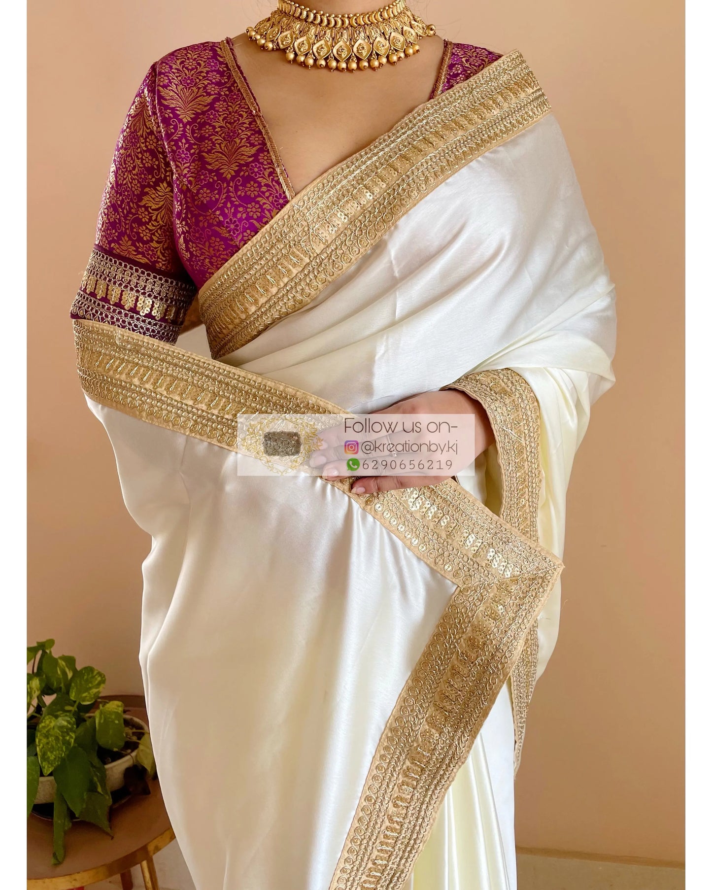 Cream Satin Silk Saree with Beige Border-Agomoni kreationbykj