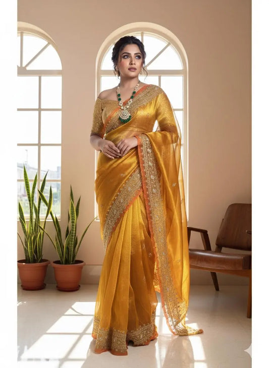 Fiery Gold Tissue Zarina Bridal Saree Kreation by KJ