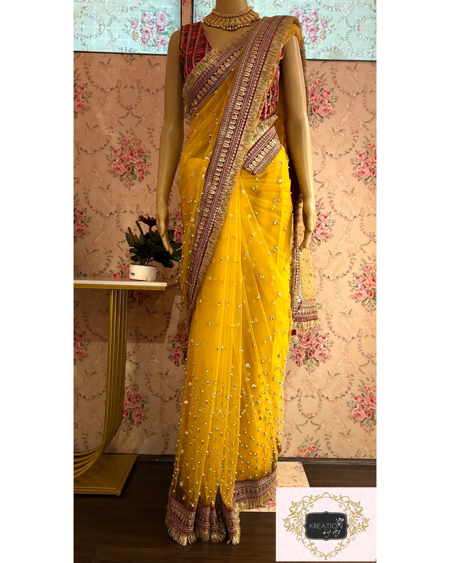 Yellow Jugnoo Banno Saree kreationbykj