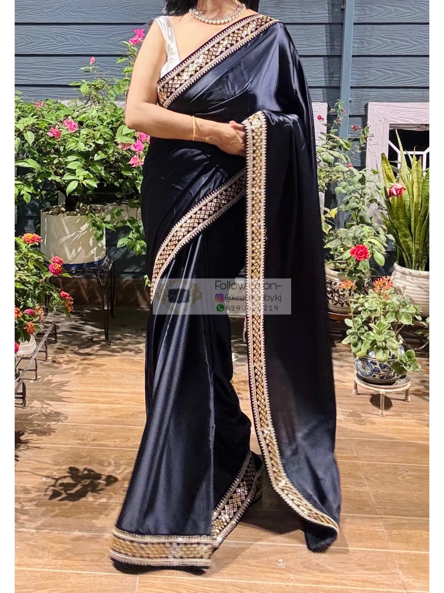 Dark Navy Blue Satin Silk Saree with Black Border kreationbykj