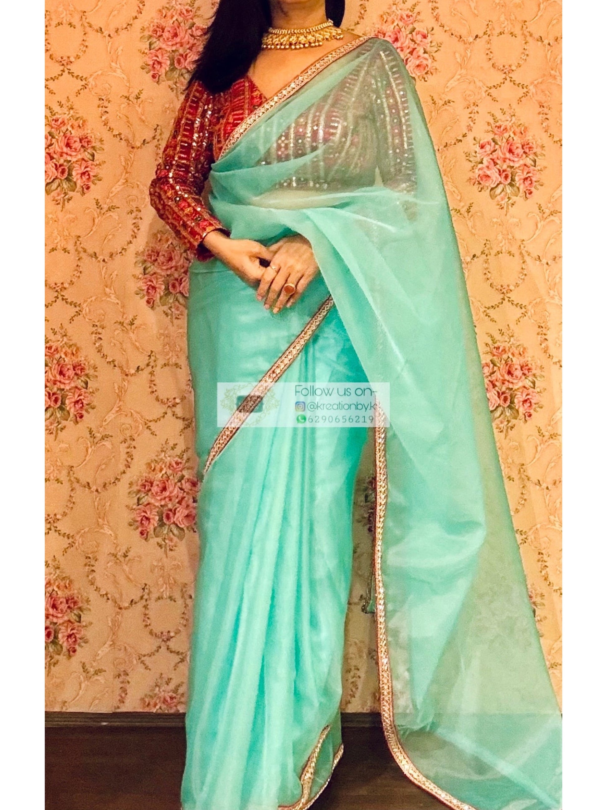 Aqua Blue Organza Saree With Red Cutdana Border kreationbykj