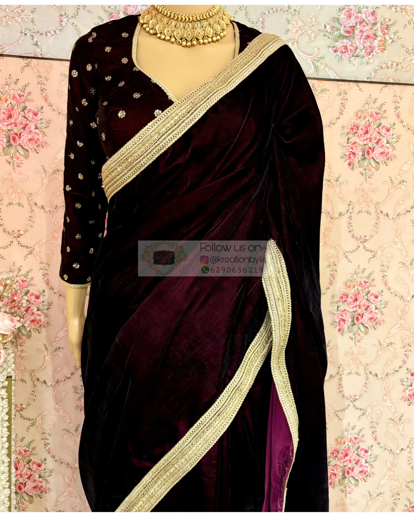 Dark Wine Velvet Saree with Golden Border kreationbykj