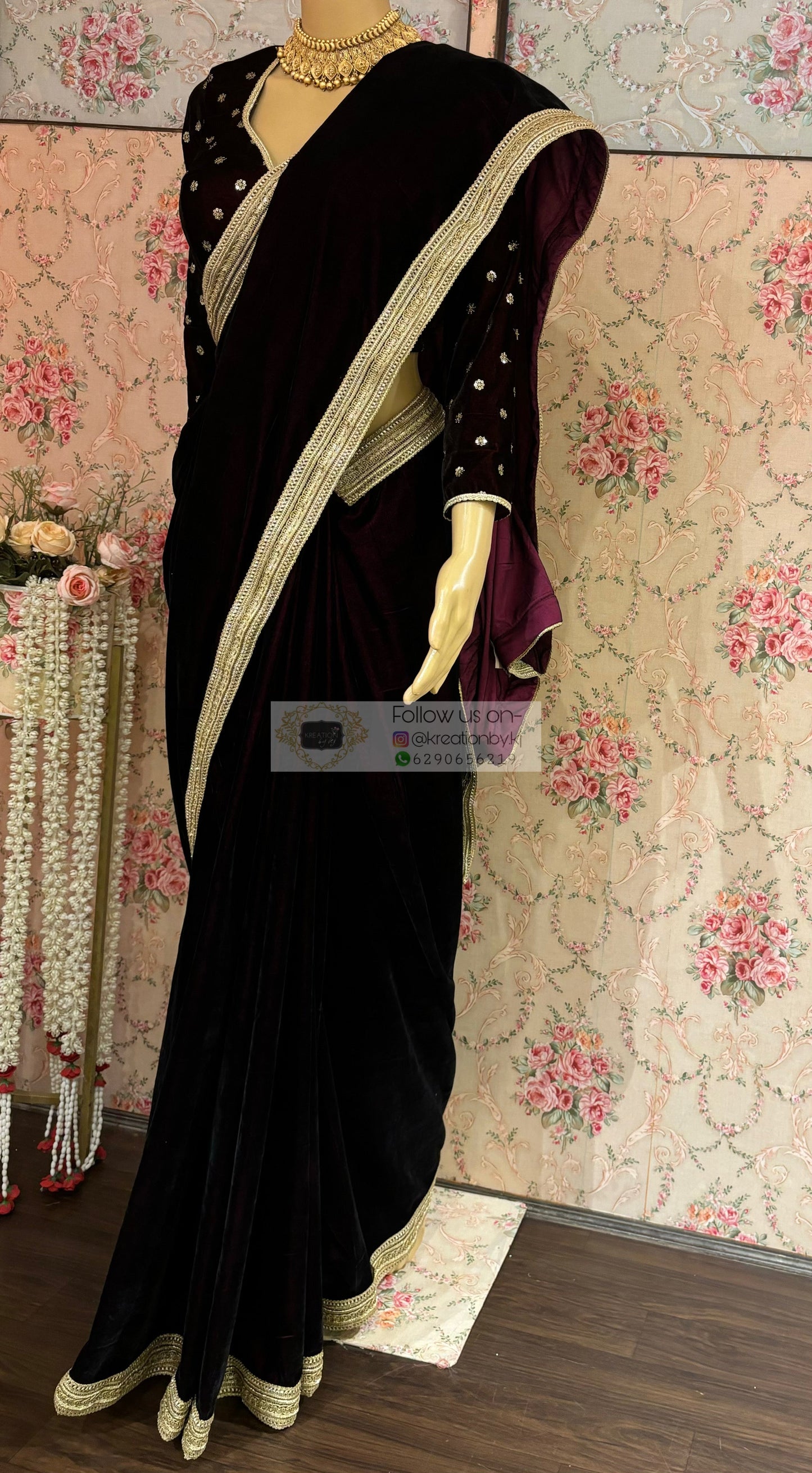 Dark Wine Velvet Saree with Golden Border kreationbykj