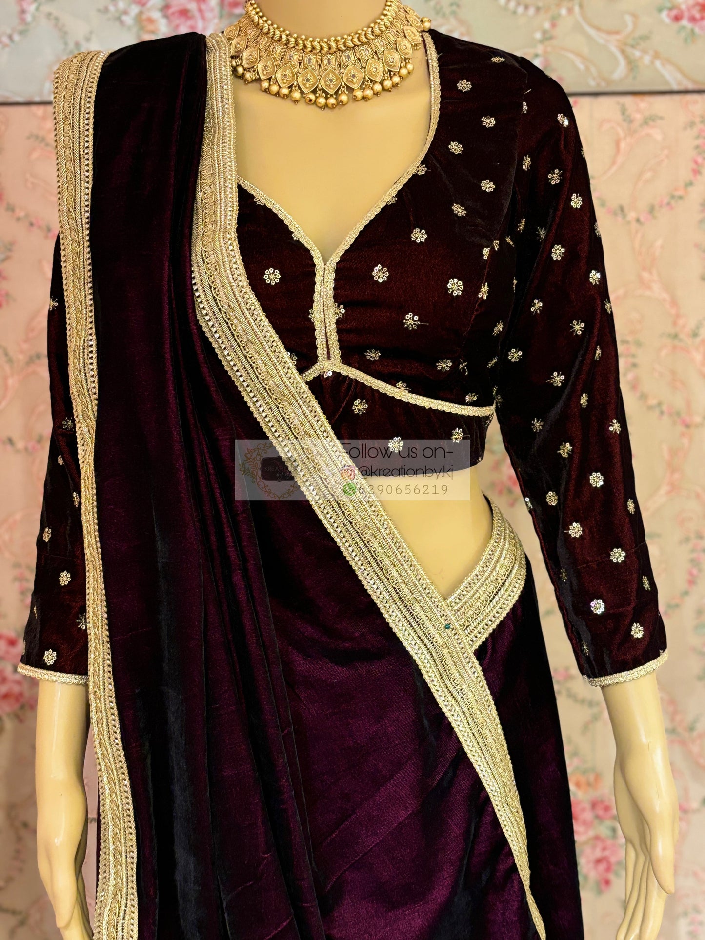 Dark Wine Velvet Saree with Golden Border kreationbykj