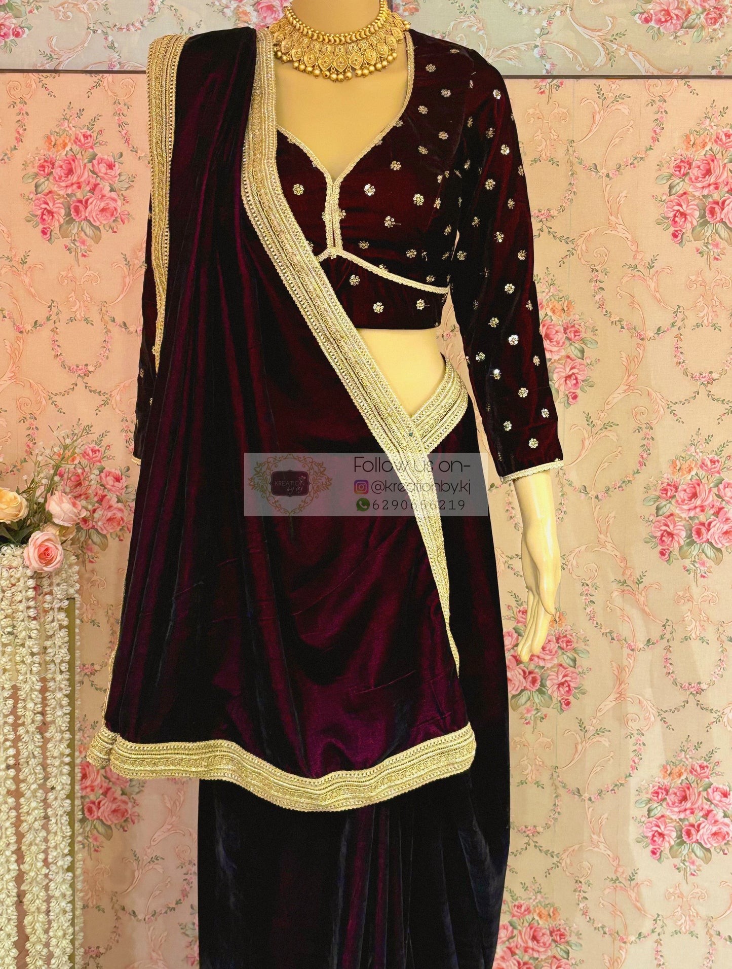 Dark Wine Velvet Saree with Golden Border kreationbykj