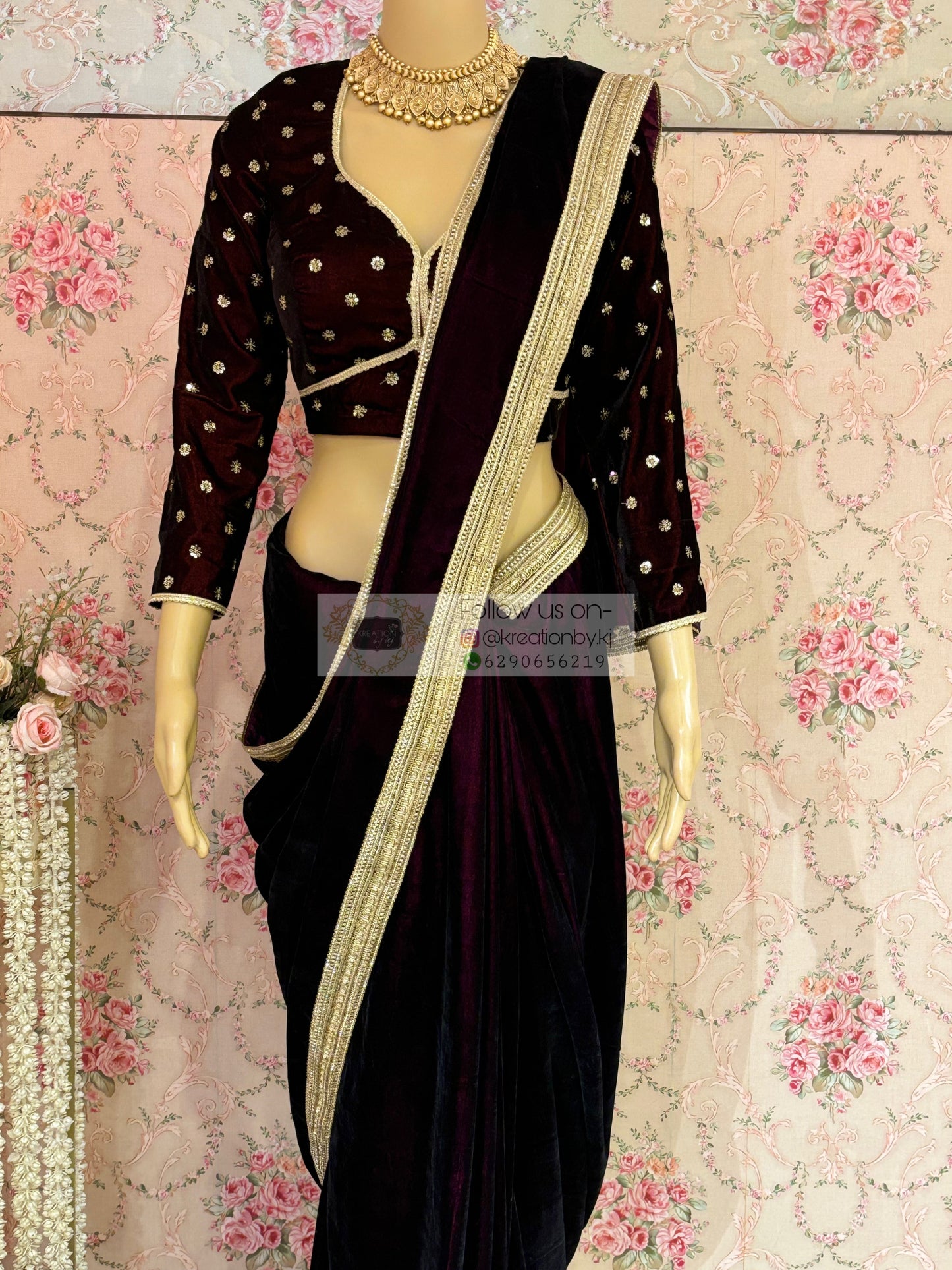 Dark Wine Velvet Saree with Golden Border kreationbykj