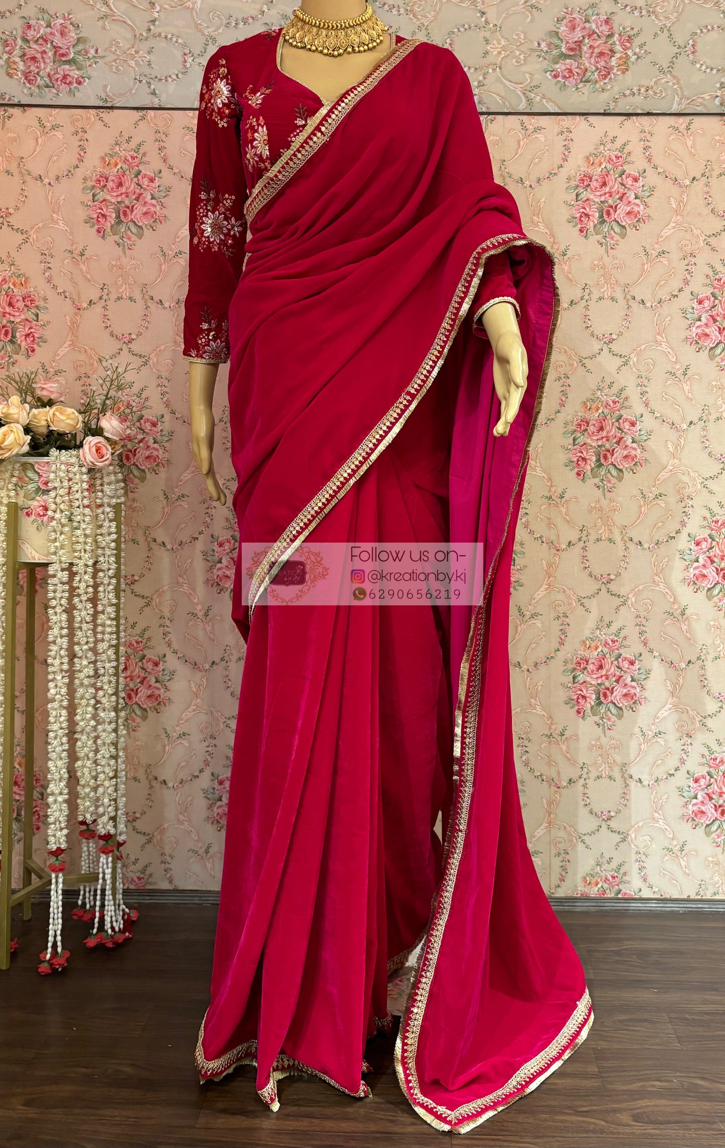 Rani Pink Velvet Banno Saree kreationbykj