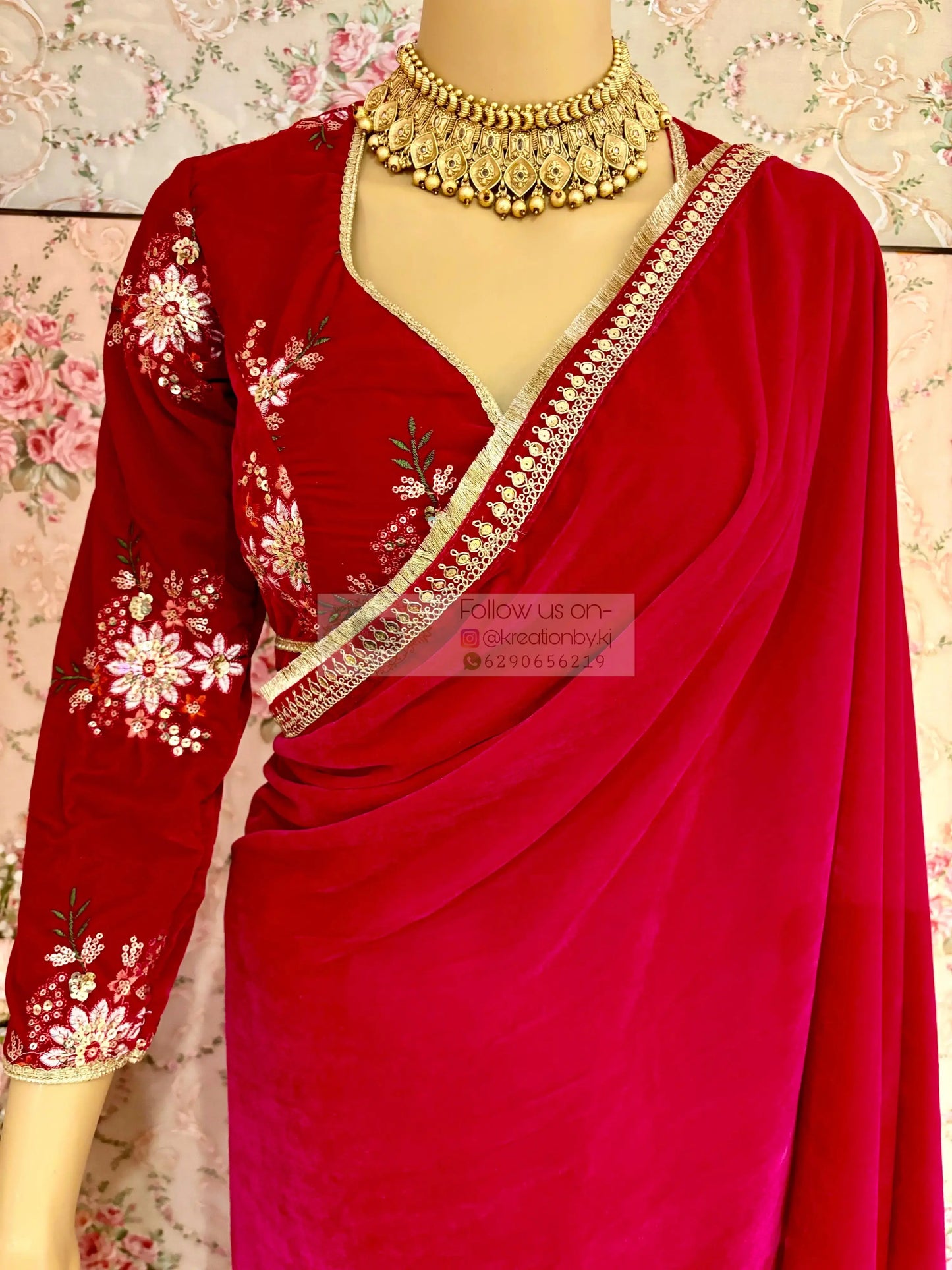 Rani Pink Velvet Banno Saree kreationbykj
