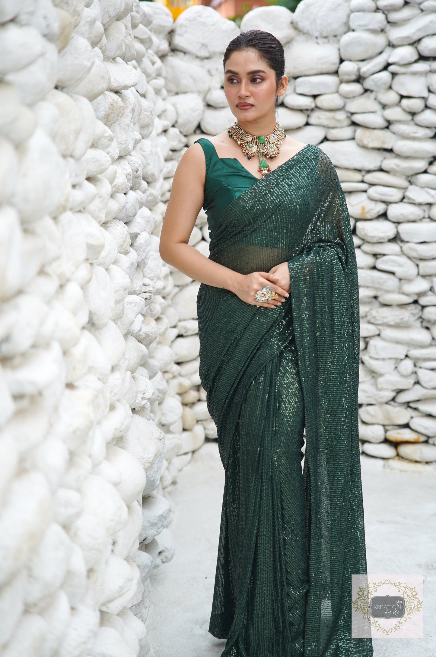 Green Sequin Cocktail Saree kreationbykj