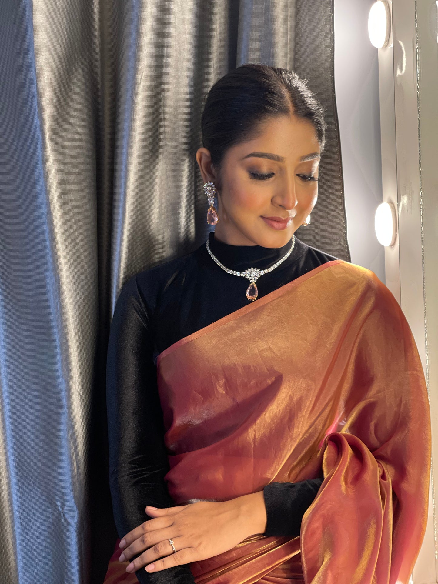 Molten Hot Pink Metallic Shimmer Satin Cocktail Saree kreationbykj