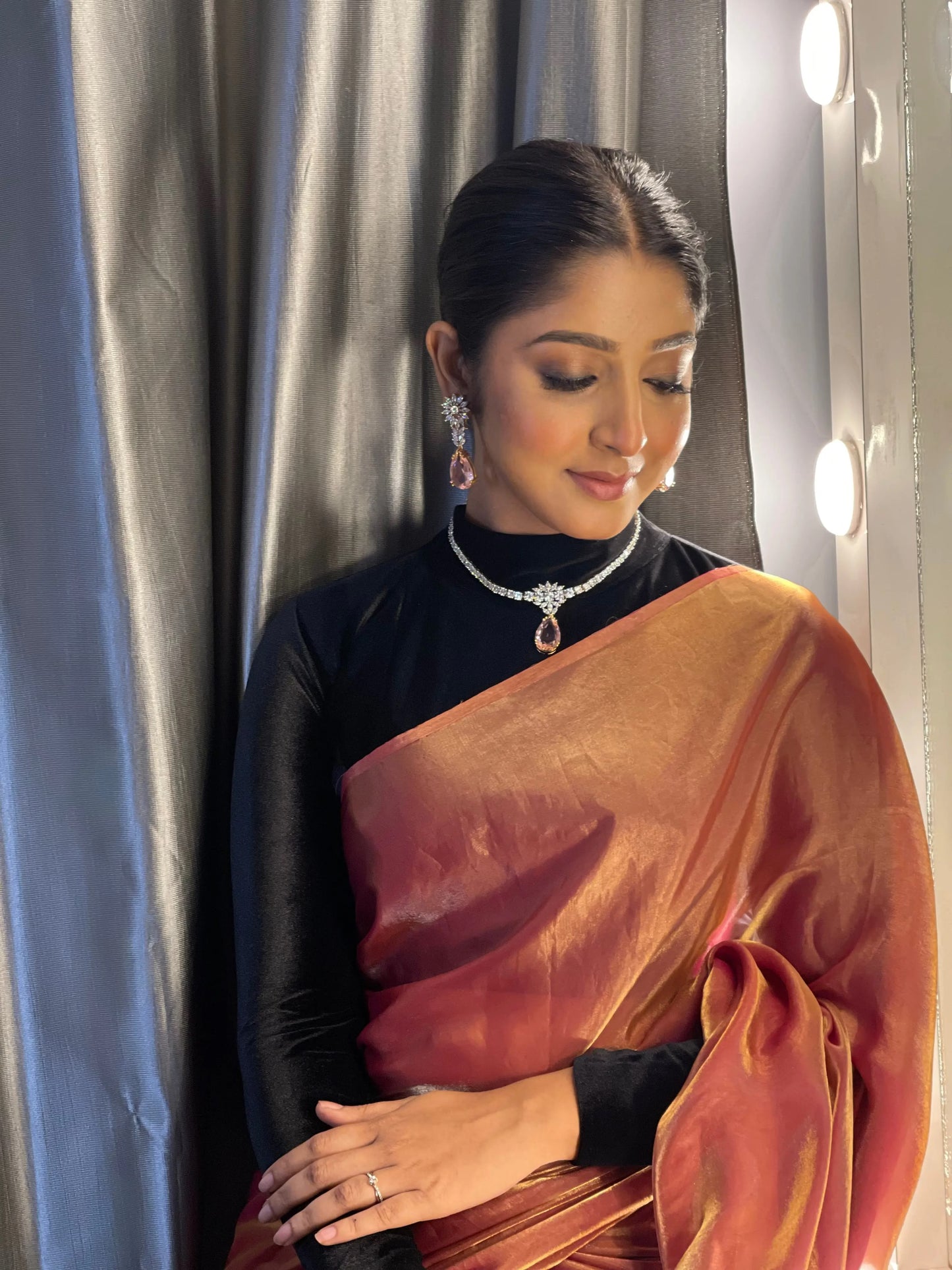 Molten Hot Pink Metallic Shimmer Satin Cocktail Saree kreationbykj