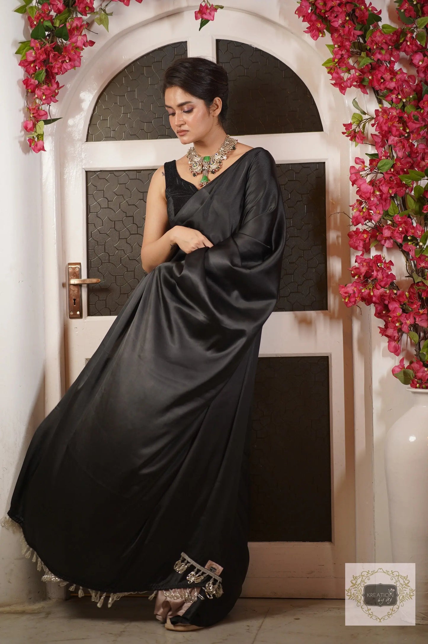 Black Satin Silk Saree With Handmade Tassels On Pallu kreationbykj.in