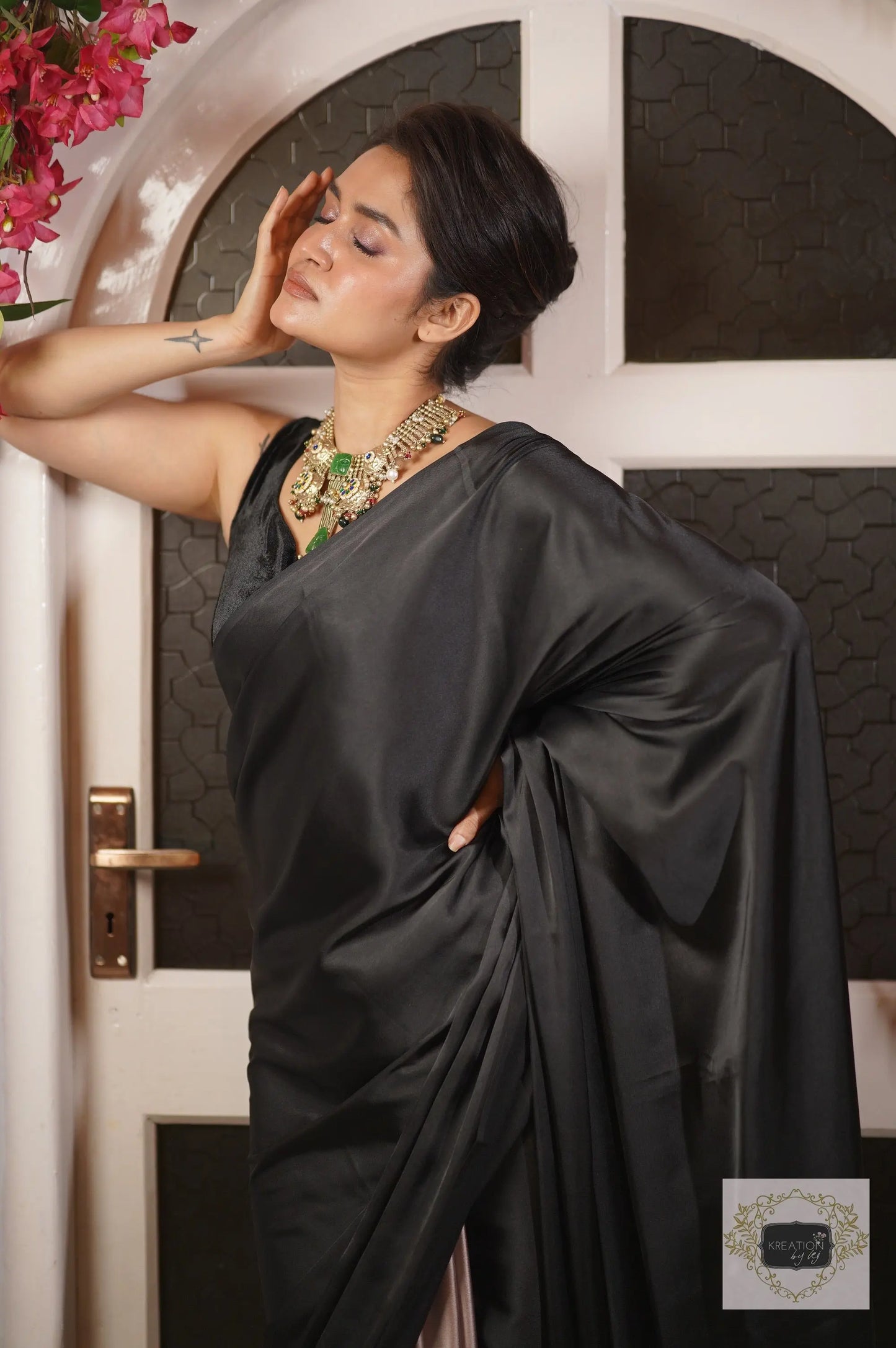 Black Satin Silk Saree With Handmade Tassels On Pallu kreationbykj.in