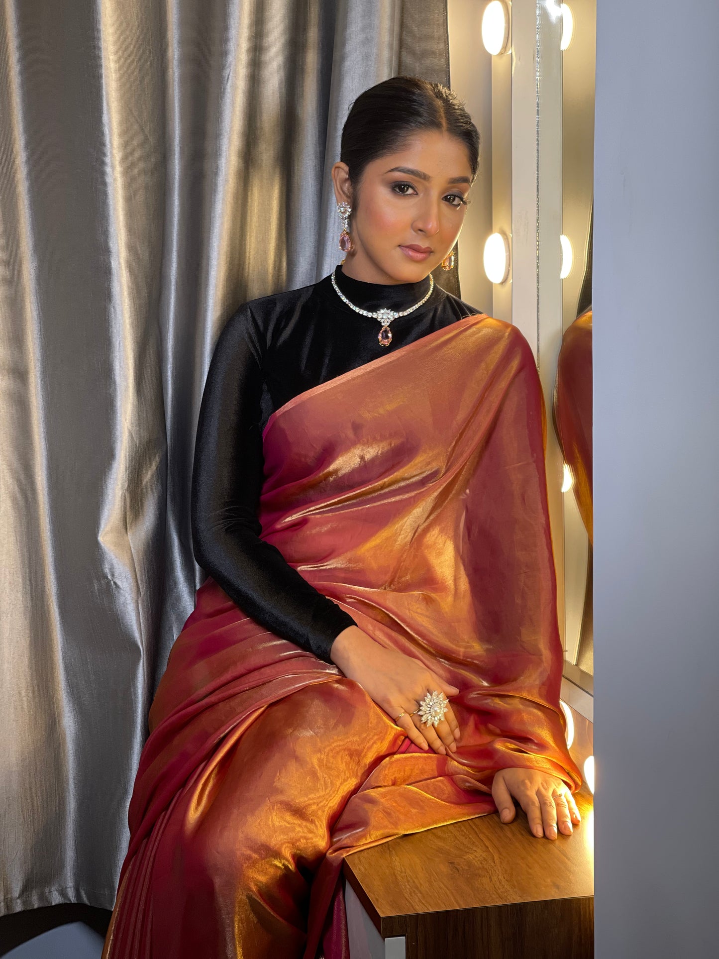 Molten Hot Pink Metallic Shimmer Satin Cocktail Saree kreationbykj
