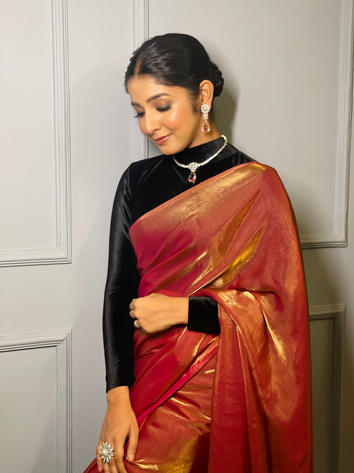 Molten Hot Pink Metallic Shimmer Satin Cocktail Saree kreationbykj