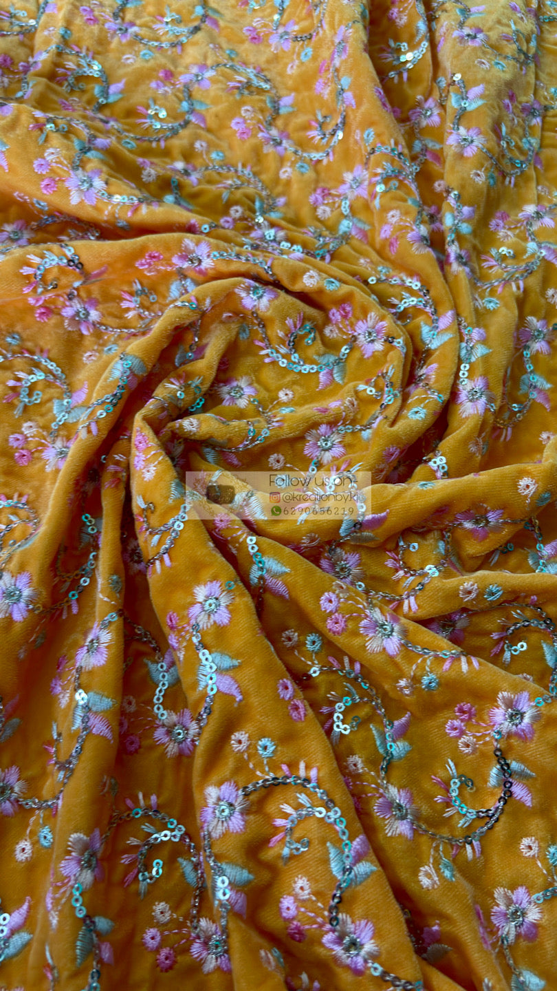 Yellow Velvet Embellished Fabric