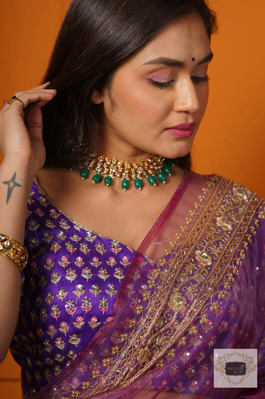 Violet Floral Handembroidered Bridal Blouse Piece kreationbykj