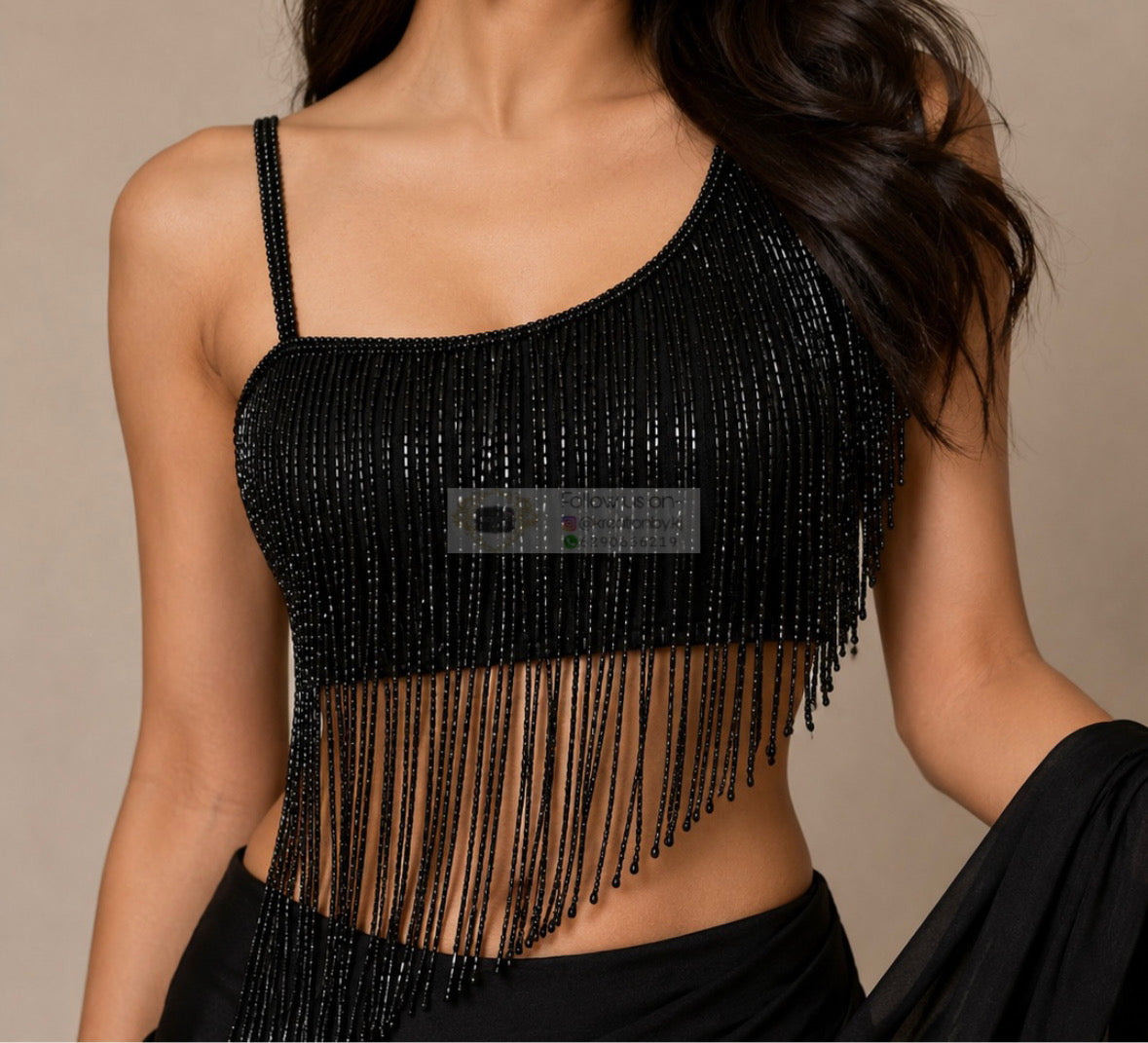 Black One-Shoulder Cutdana Fringe Blouse