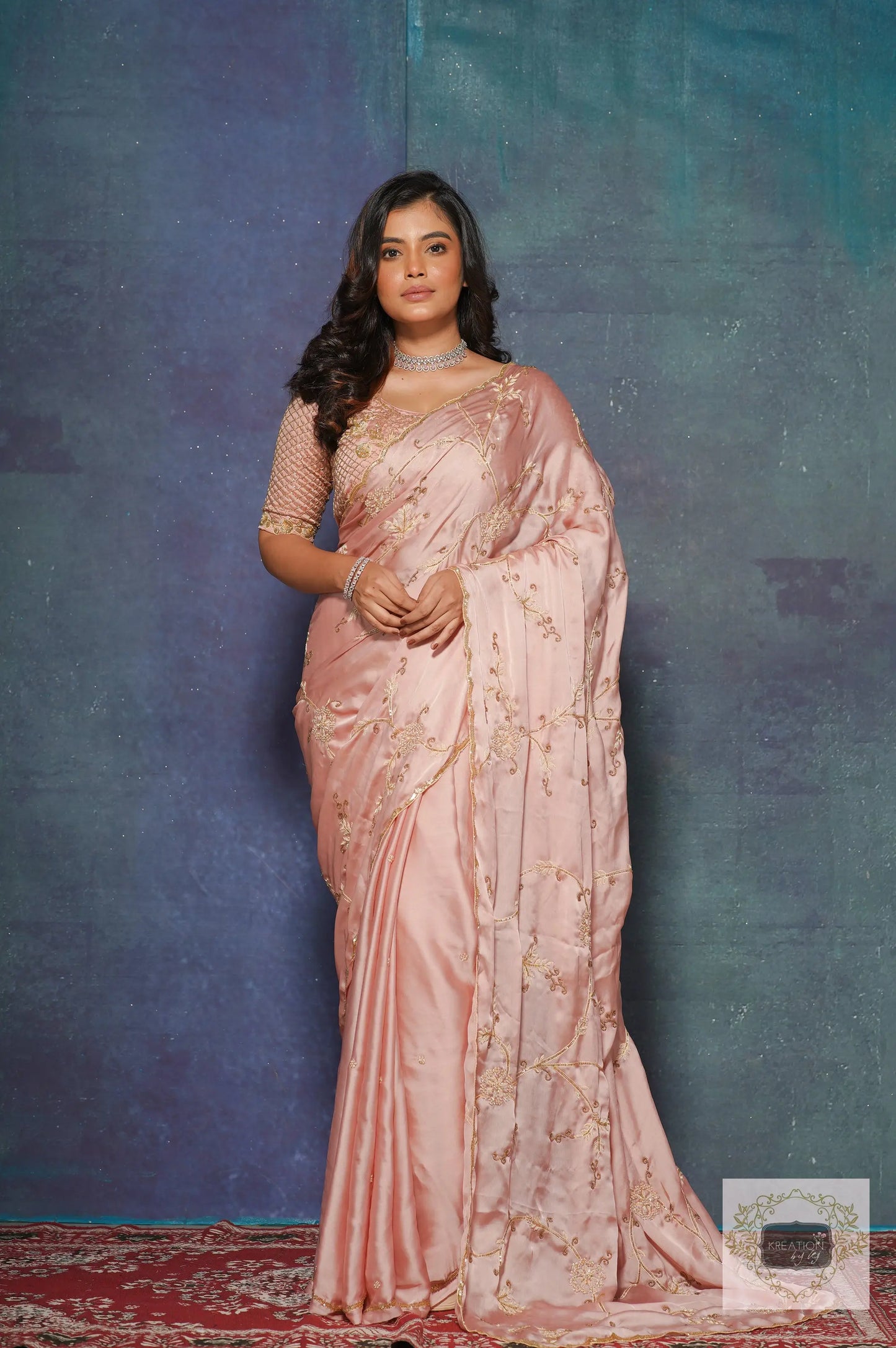 Onion Pink Crepe Silk Zardozi Jaal Saree kreationbykj