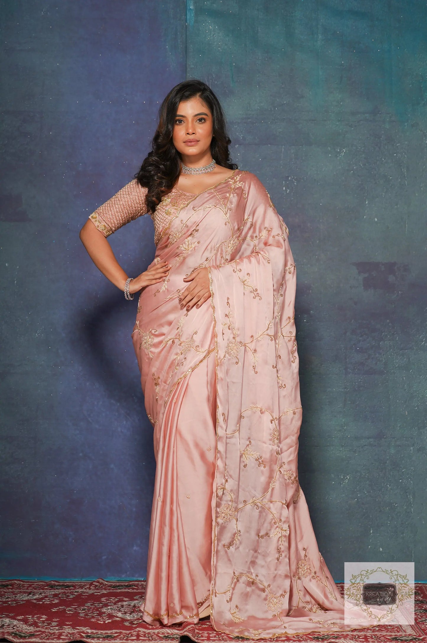 Onion Pink Crepe Silk Zardozi Jaal Saree kreationbykj