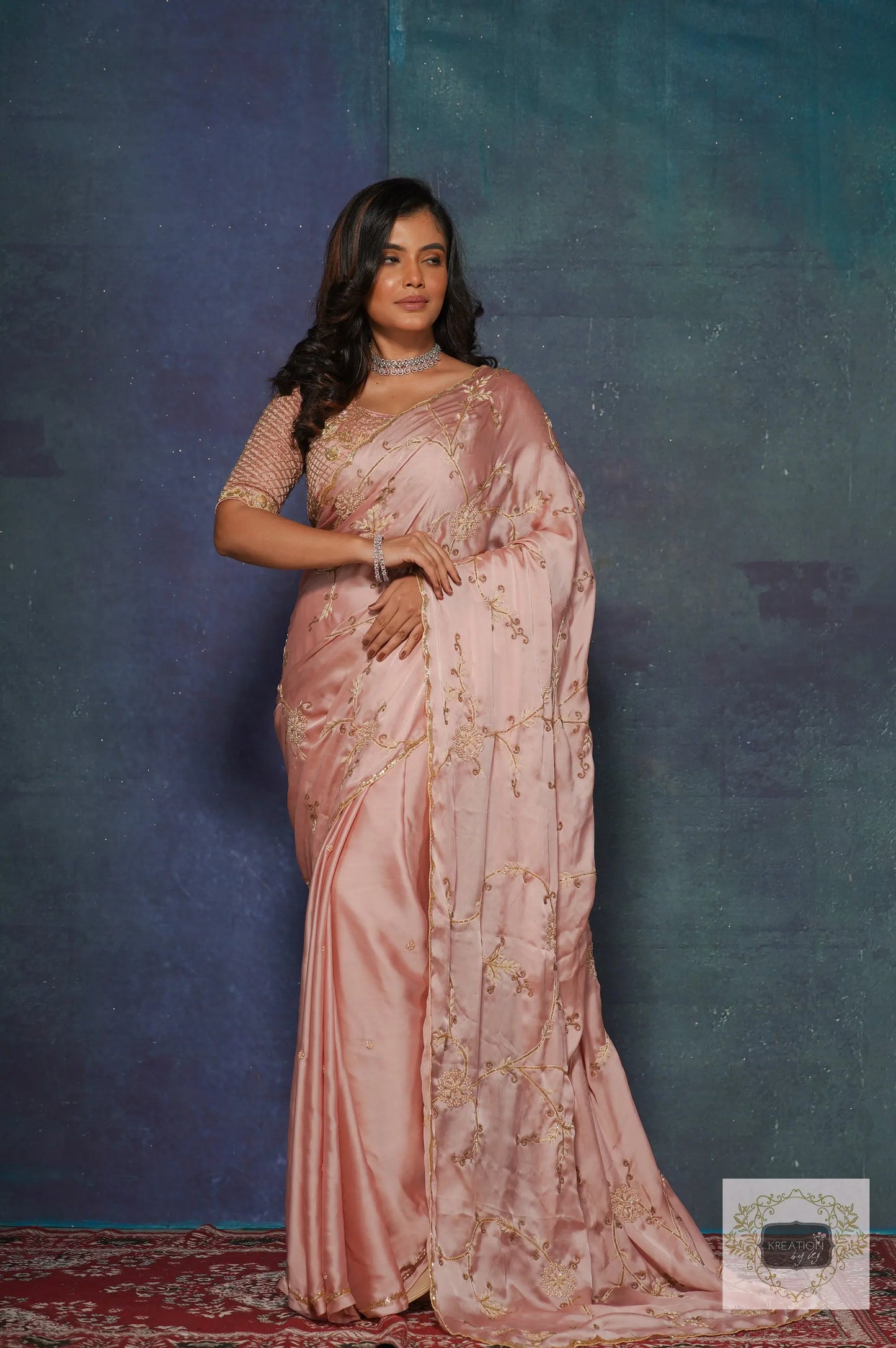 Onion Pink Crepe Silk Zardozi Jaal Saree kreationbykj