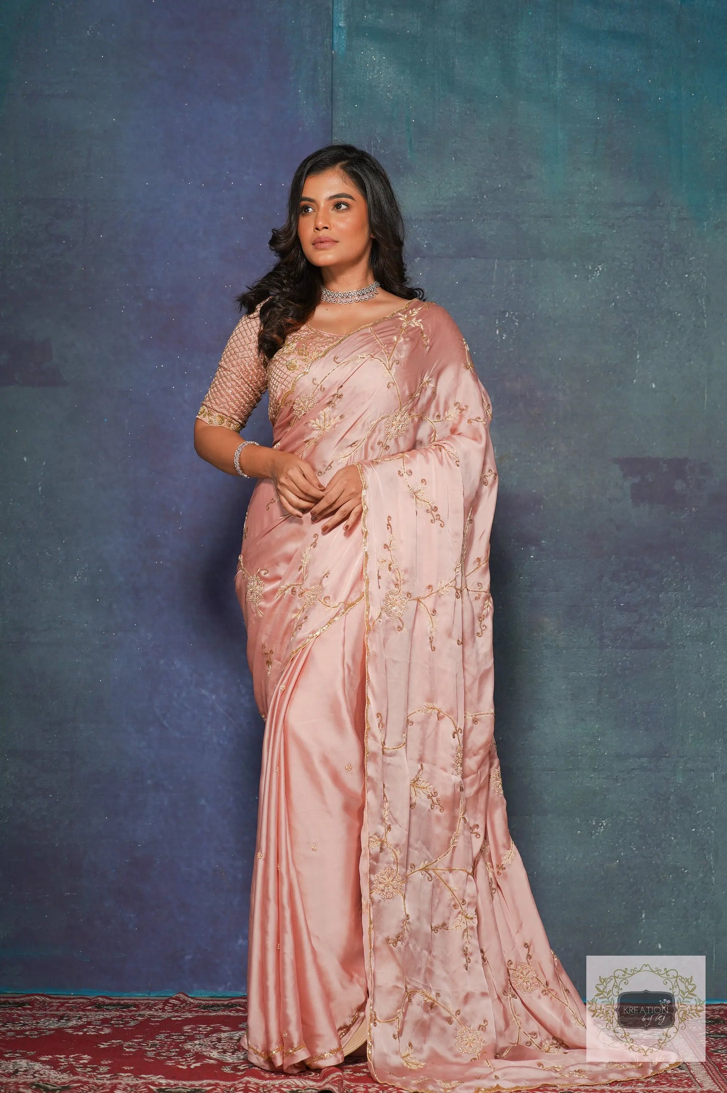 Onion Pink Crepe Silk Zardozi Jaal Saree kreationbykj